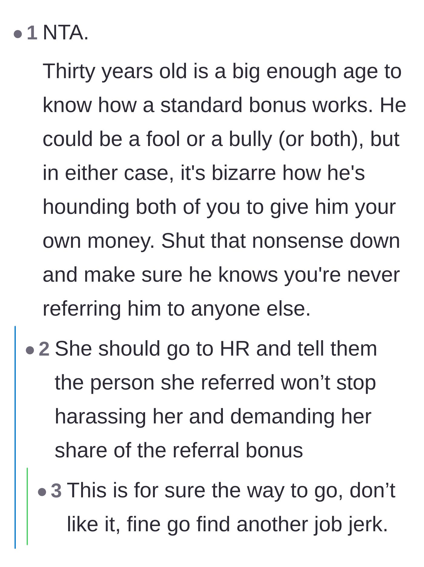 Comment thread 3 - Urging the narrator to involve HR due to workplace harassment over the bonus