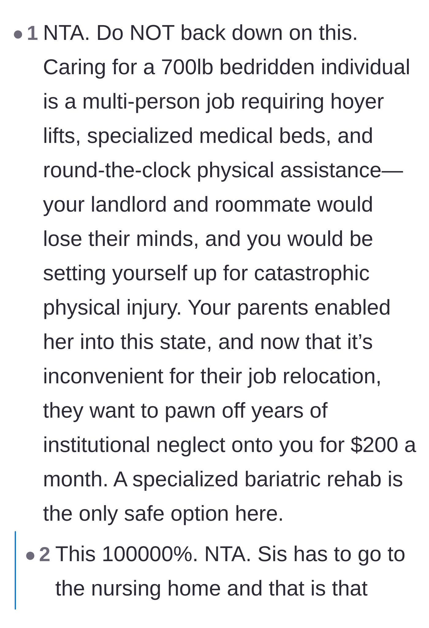 Comment thread 1 - A breakdown of the immense physical labor required for bariatric care and the parents' enabling behavior