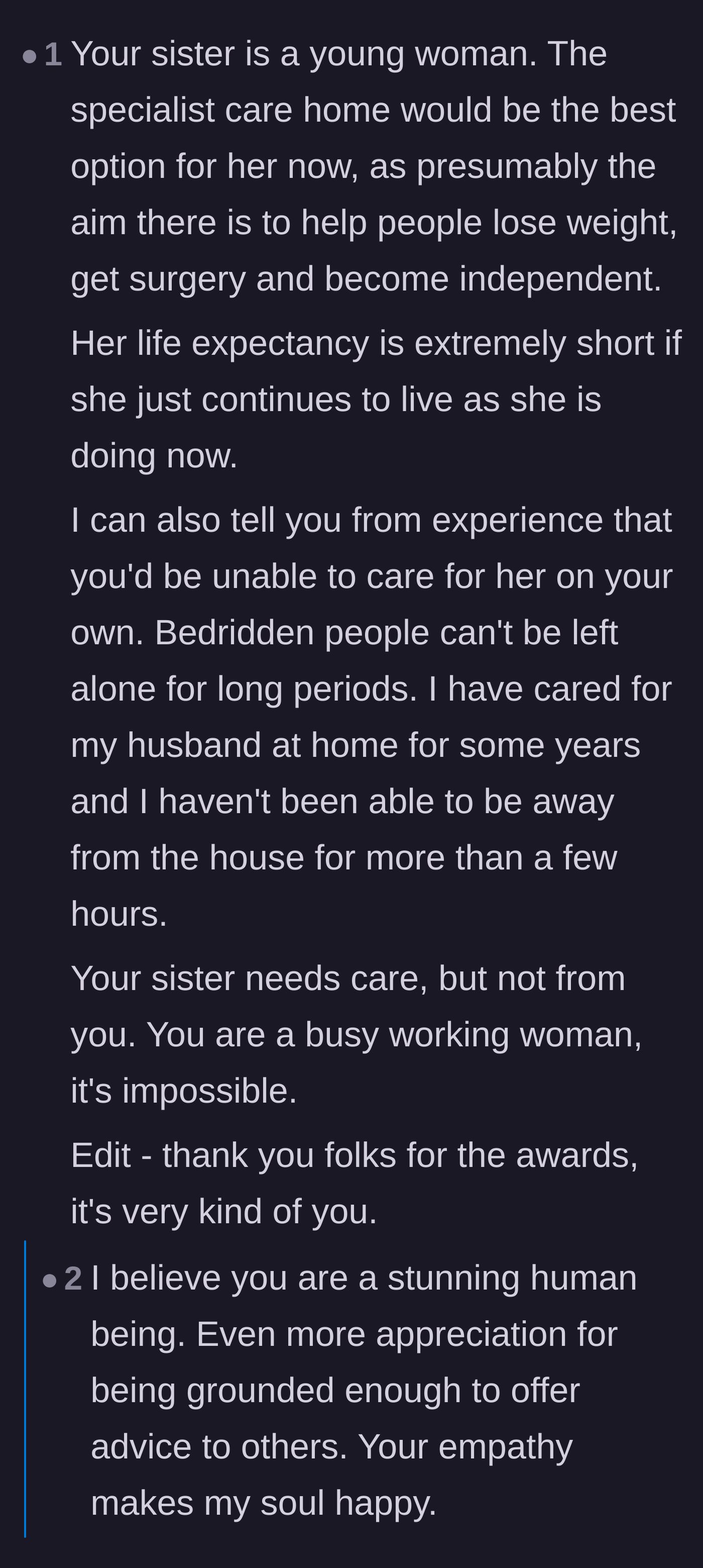 Comment thread 4 - Advice from an experienced caregiver emphasizing the fatal consequences of continuing the current living arrangement