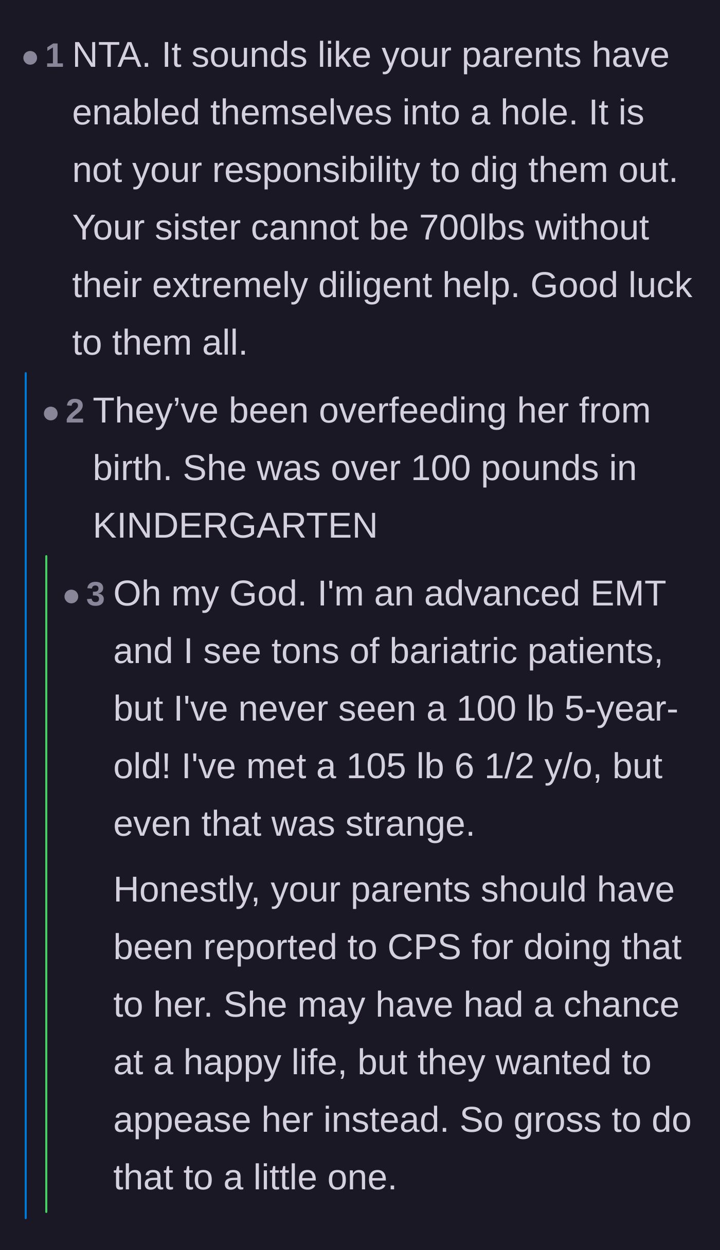 Comment thread 6 - Shock over the revelation that the parents' enabling behavior began in early childhood