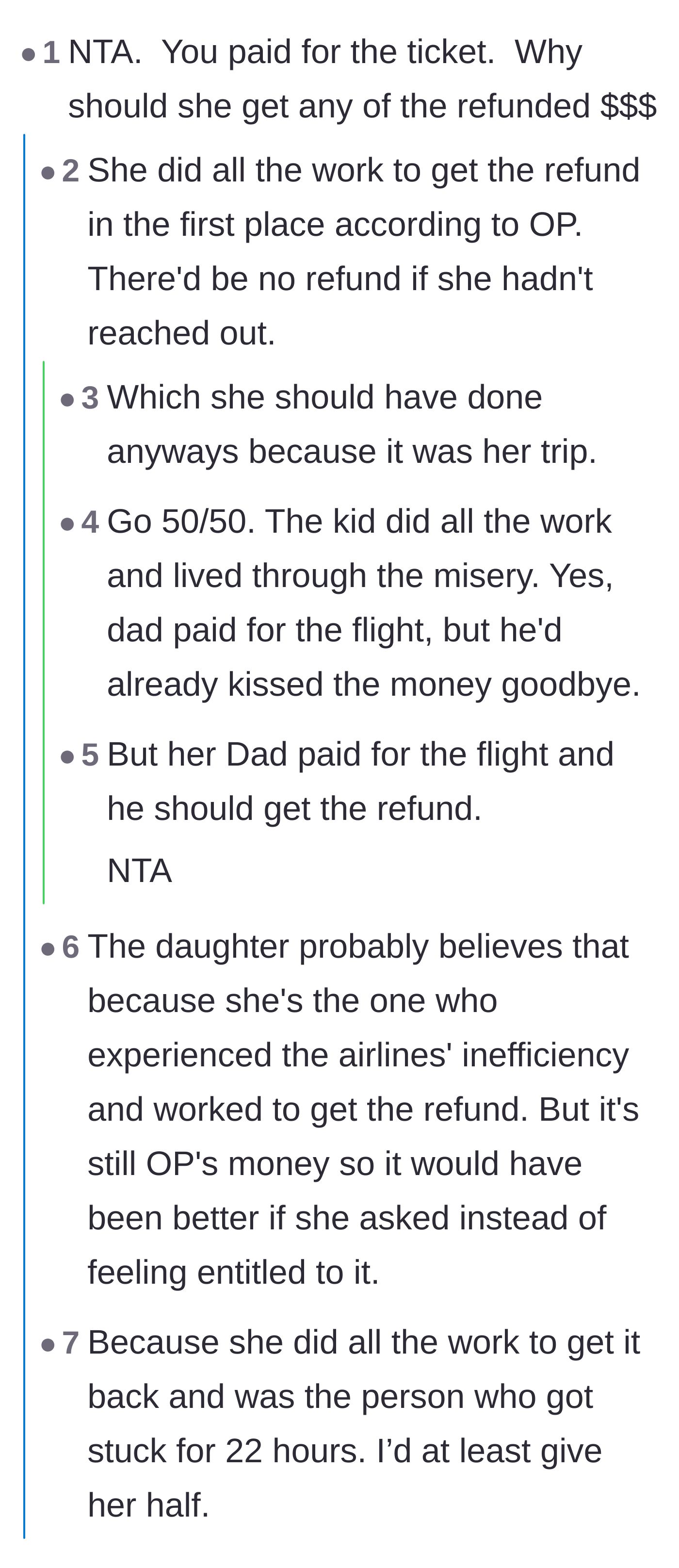 Comment thread 1 - A fierce debate over whether paying for the ticket outweighs doing the labor to get the refund, featuring comparisons to corporate travel policies.