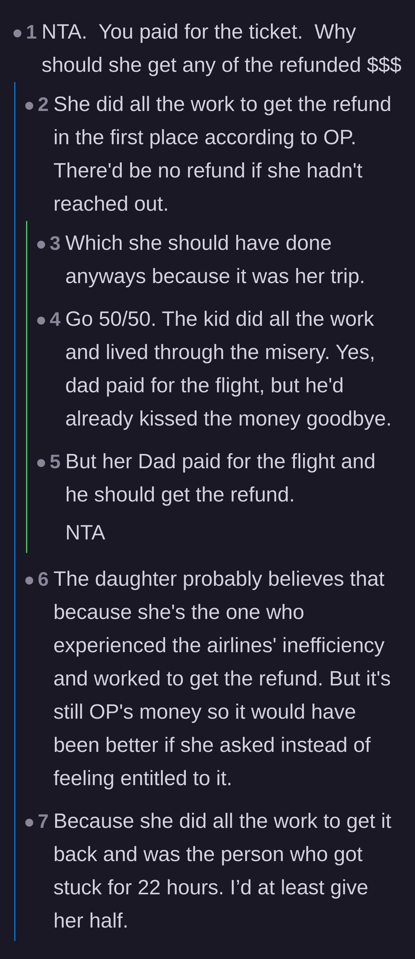 Comment thread 1 - A fierce debate over whether paying for the ticket outweighs doing the labor to get the refund, featuring comparisons to corporate travel policies.