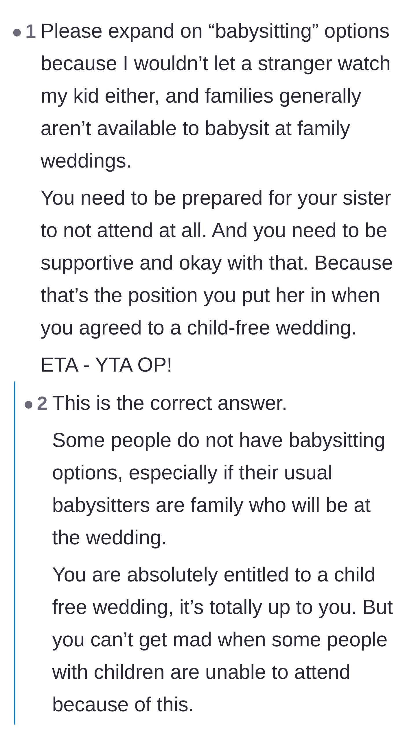 Comment thread 1 - Debate about the groom leaving his sister without childcare options at the last minute.