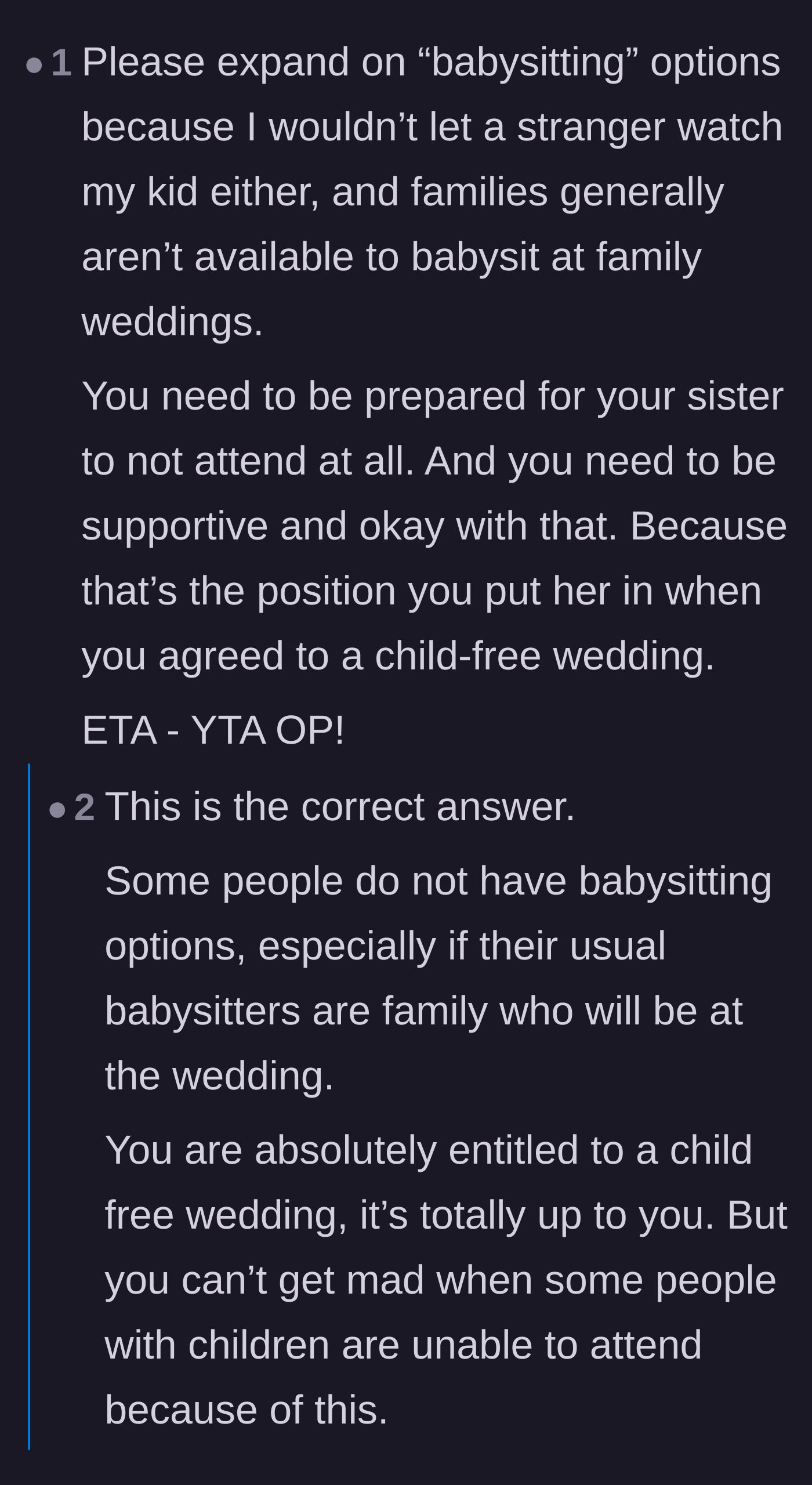 Comment thread 1 - Debate about the groom leaving his sister without childcare options at the last minute.