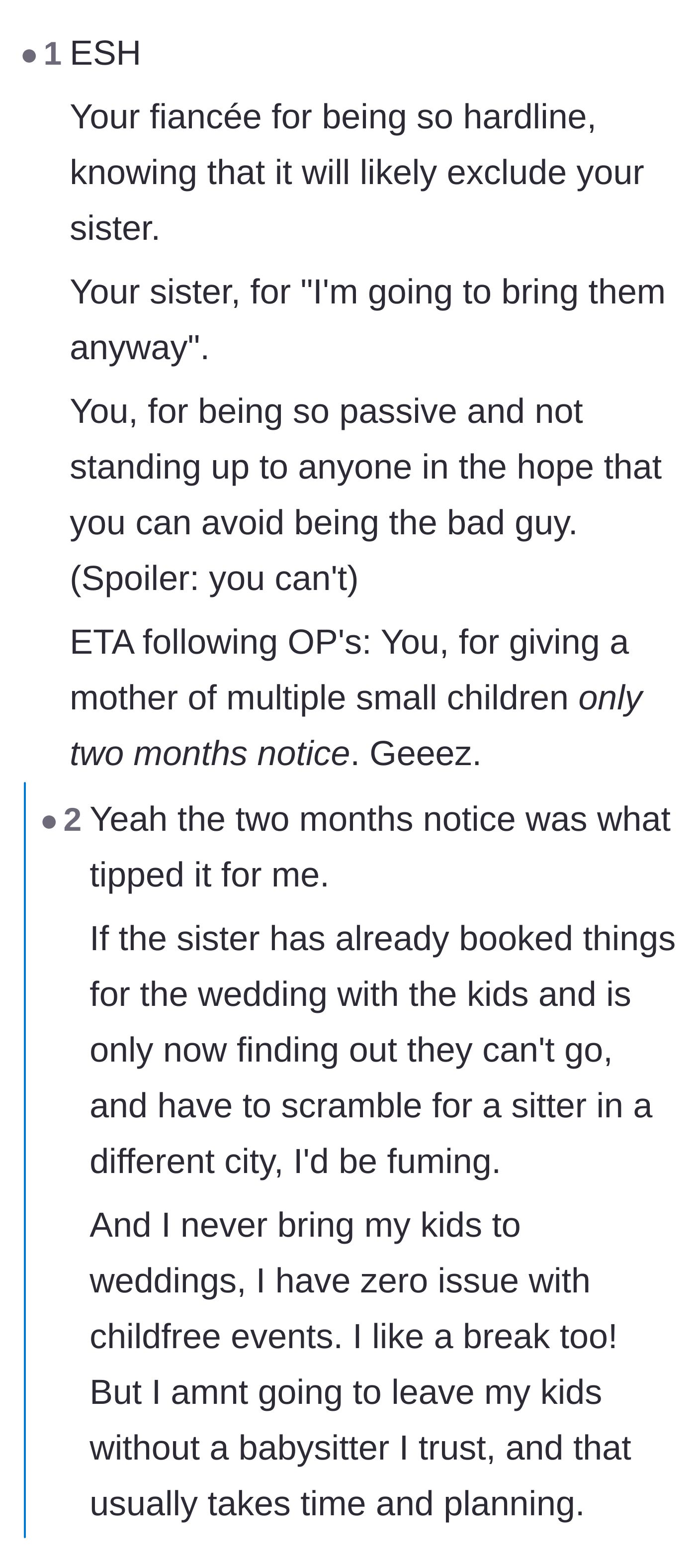 Comment thread 2 - Commenters calling out the groom's passivity and the terrible two-month notice.