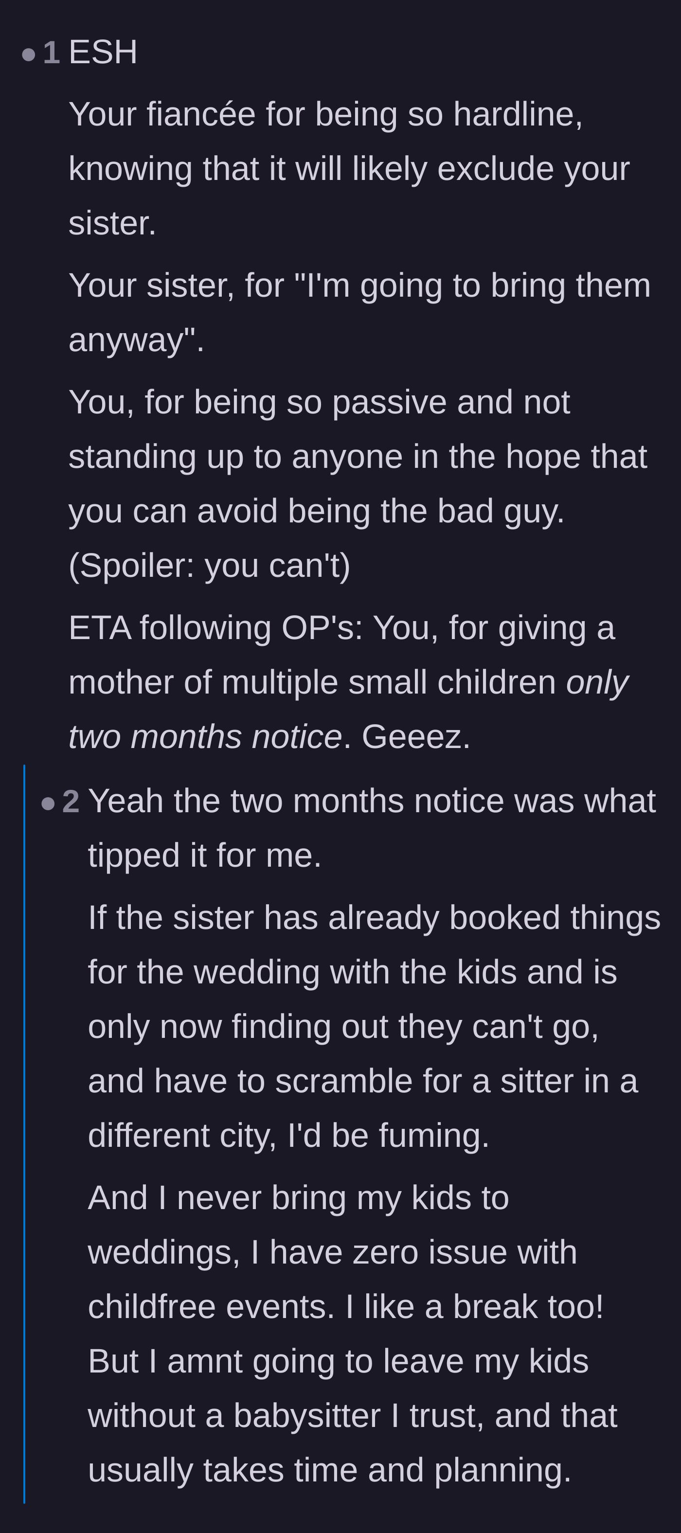 Comment thread 2 - Commenters calling out the groom's passivity and the terrible two-month notice.