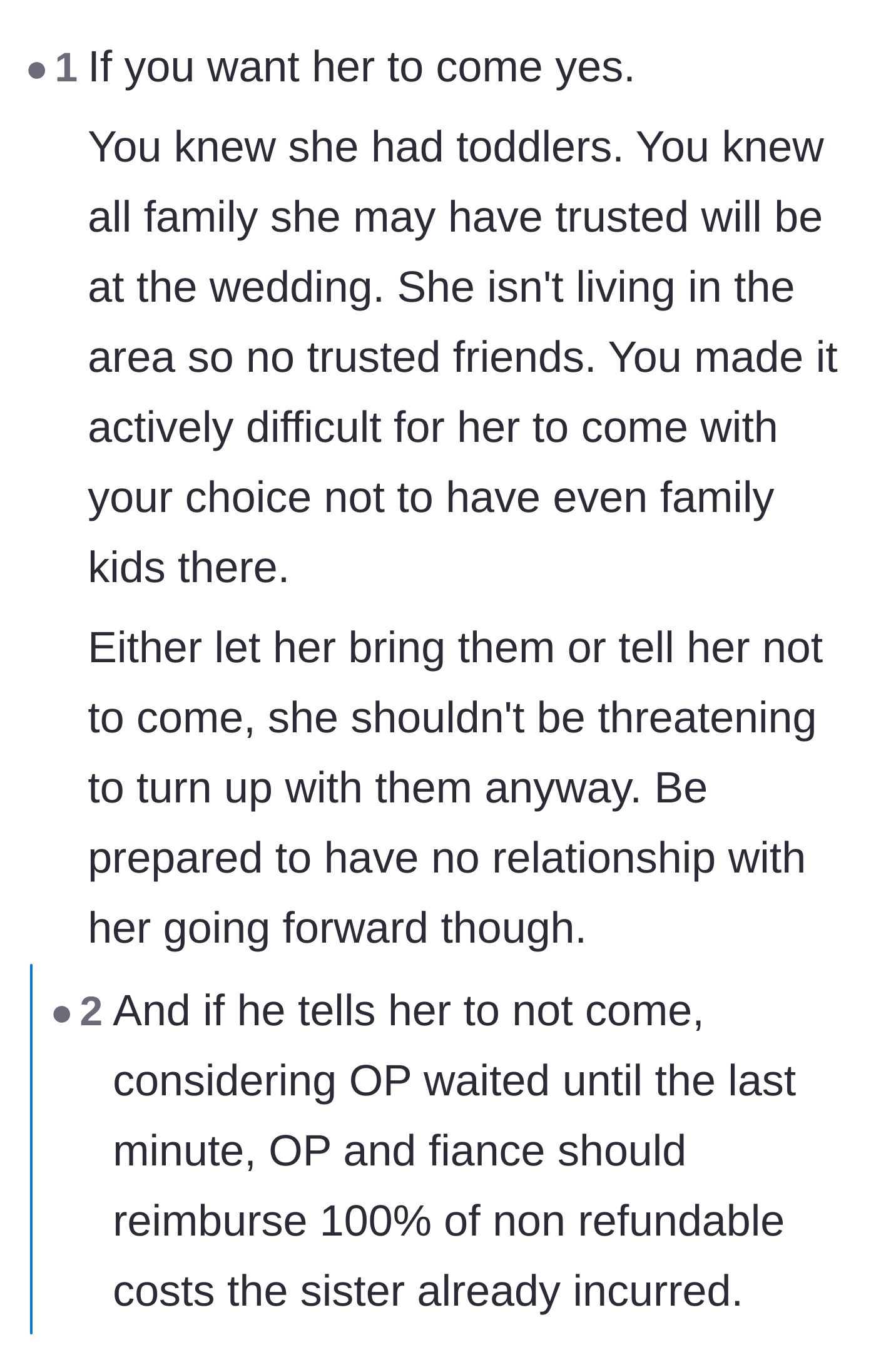 Comment thread 4 - Advice saying the couple should reimburse the sister if she can't attend.