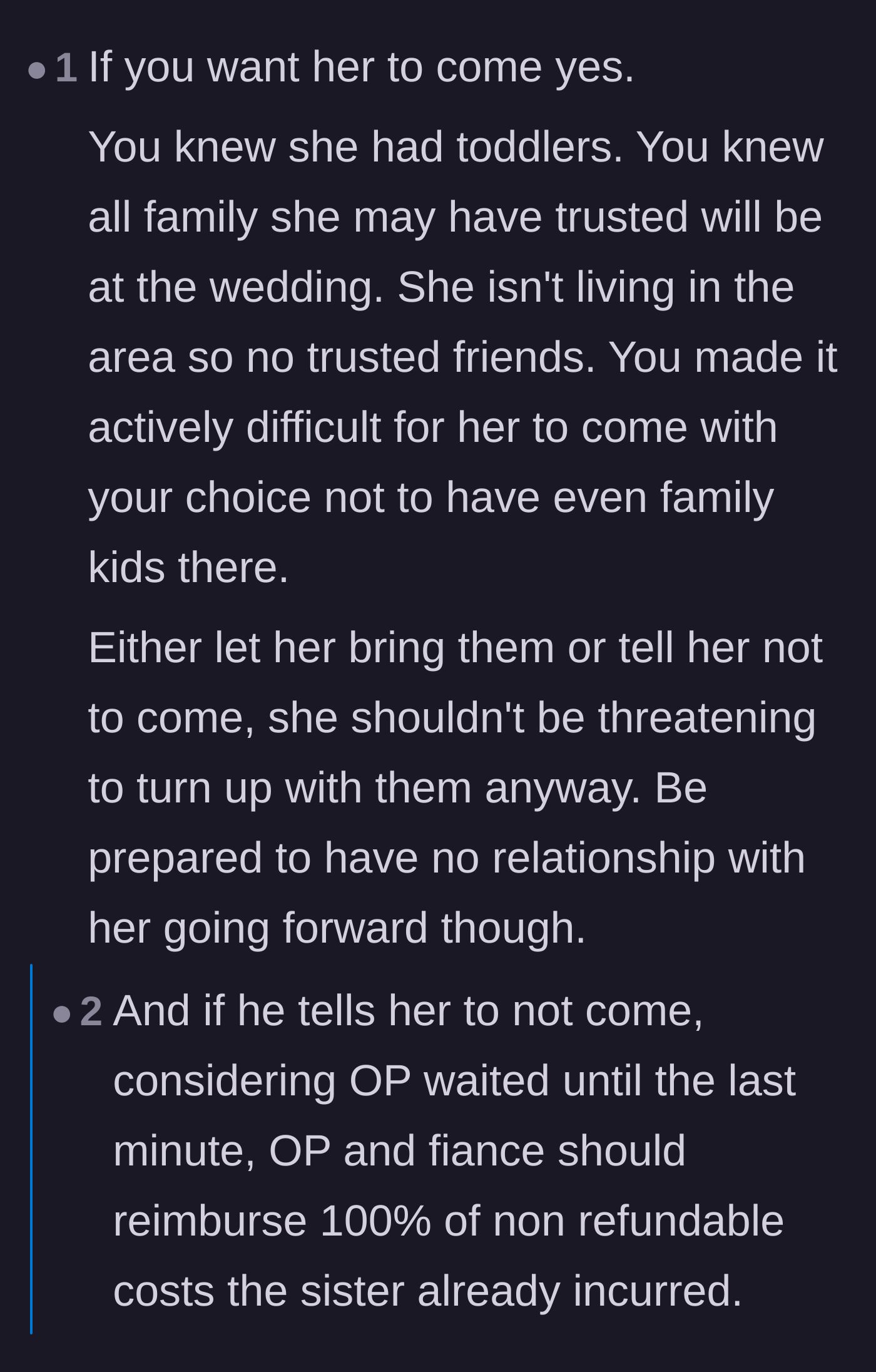 Comment thread 4 - Advice saying the couple should reimburse the sister if she can't attend.