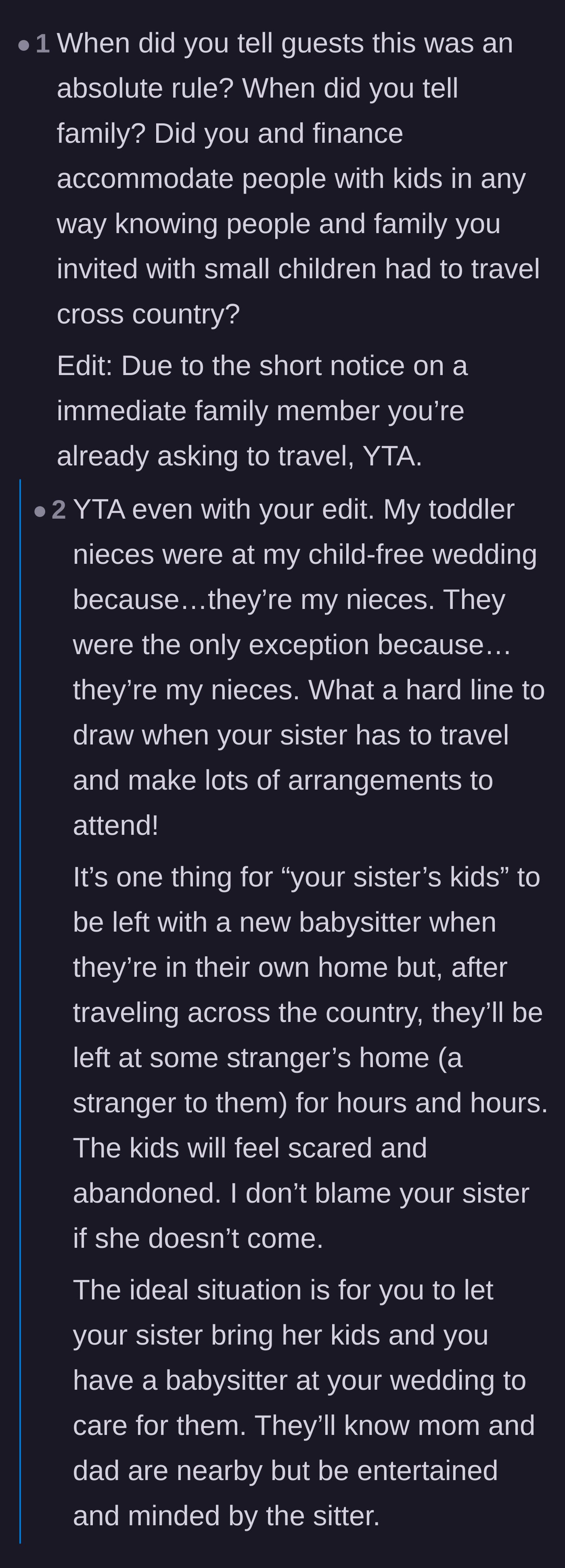 Comment thread 6 - Debate on why immediate nieces and nephews weren't granted an exception to the child-free rule.