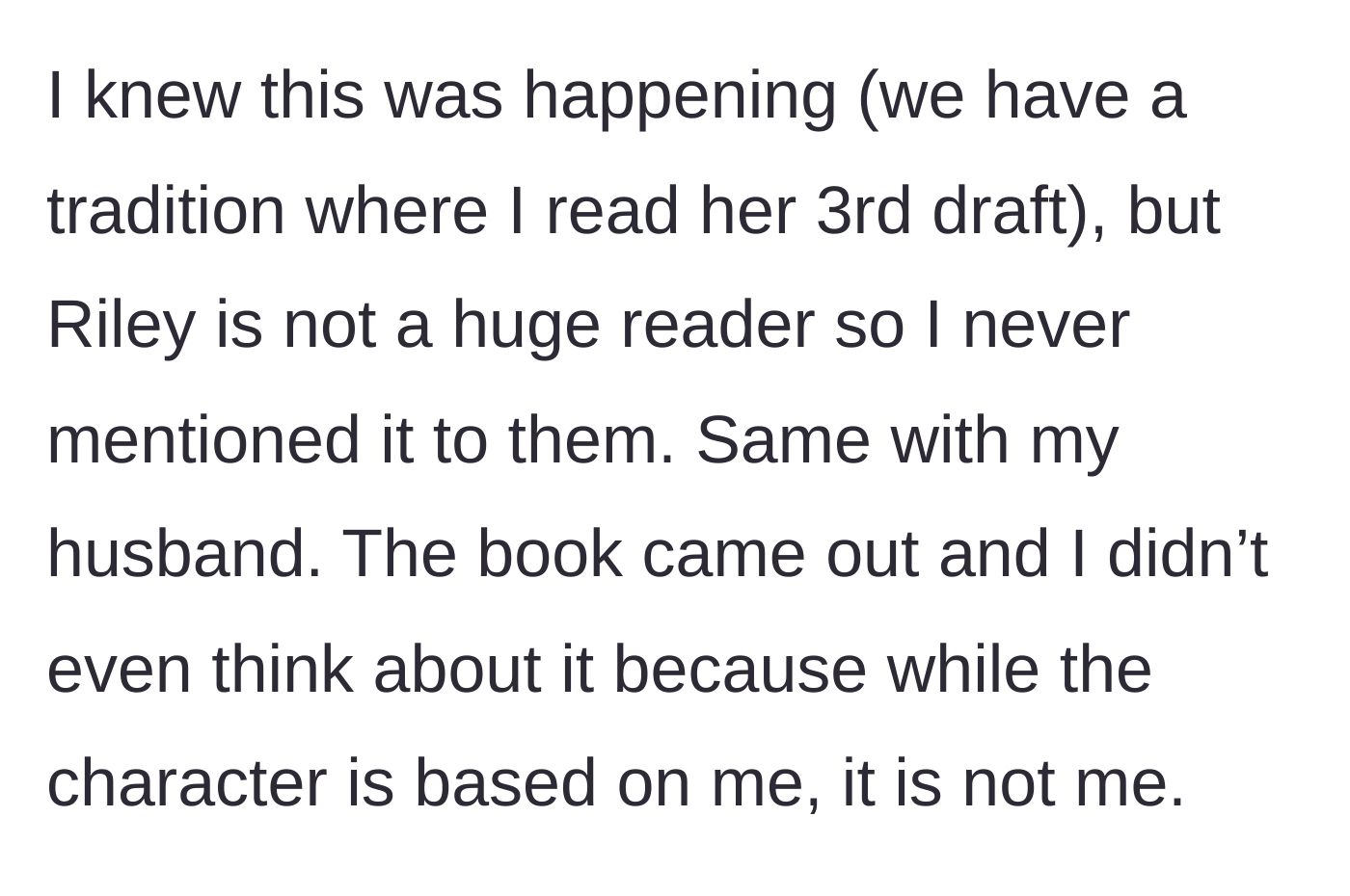Story part 2 - Narrator admits she read the draft but kept the fictional romance a secret from her husband and the mutual friend.