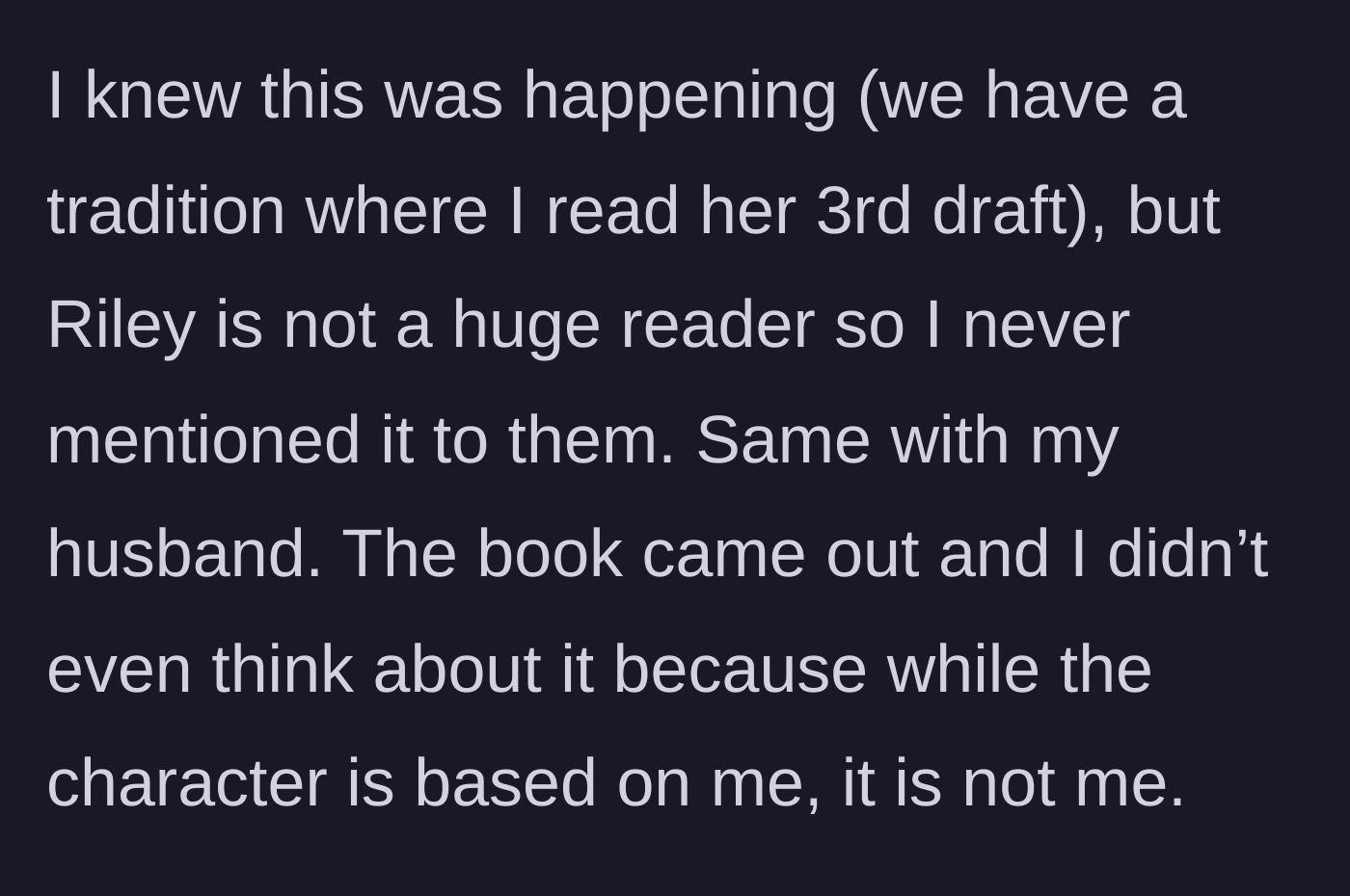 Story part 2 - Narrator admits she read the draft but kept the fictional romance a secret from her husband and the mutual friend.