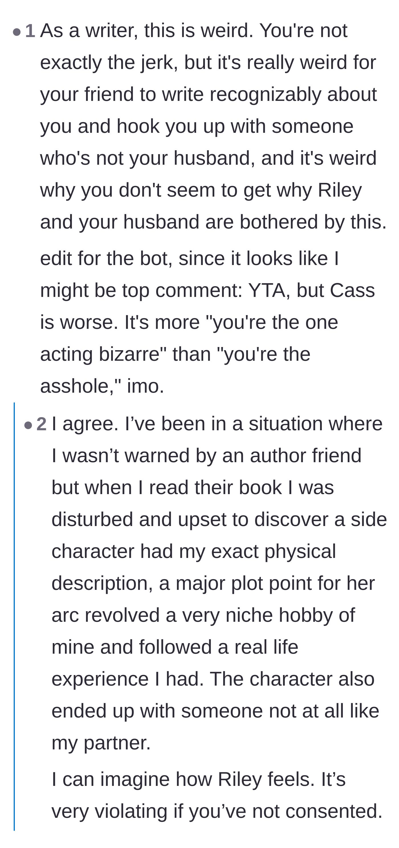 Comment thread 1 - Readers debating the author's weird boundary-crossing and calling it lazy writing.