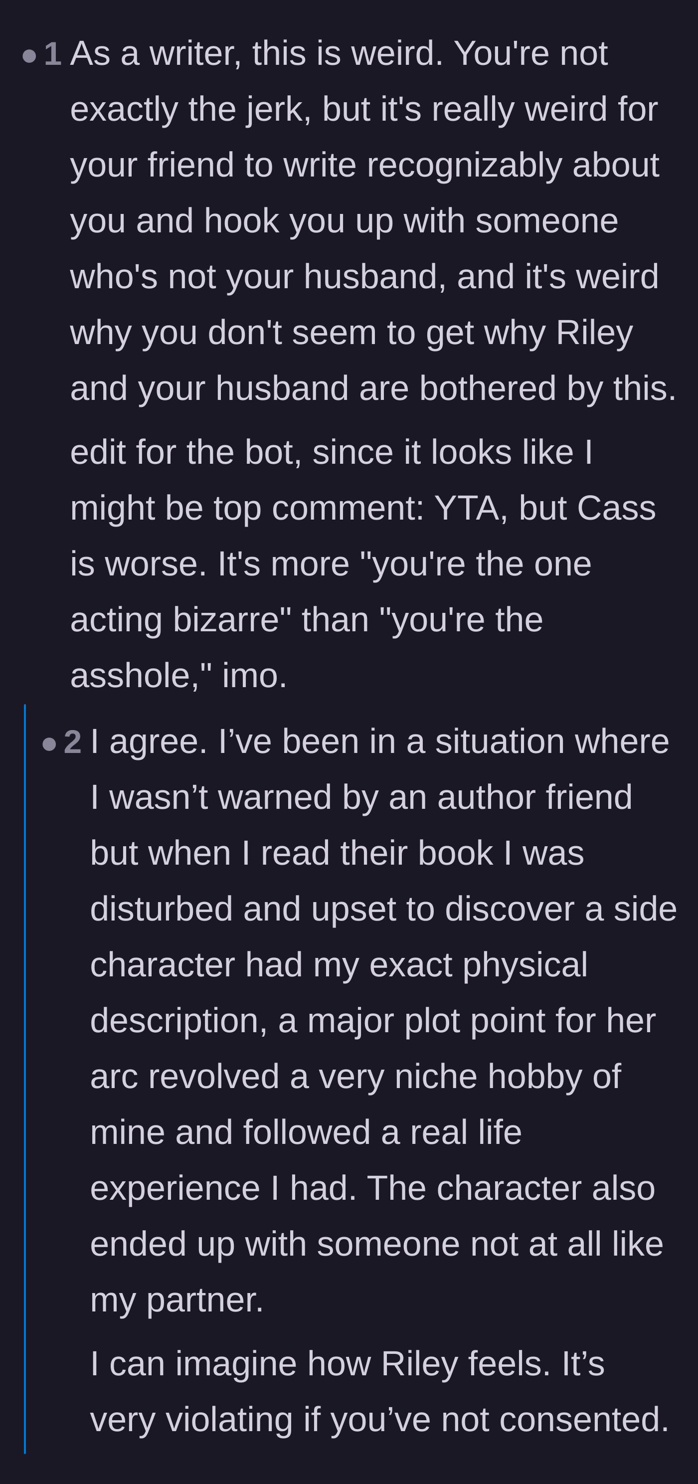 Comment thread 1 - Readers debating the author's weird boundary-crossing and calling it lazy writing.