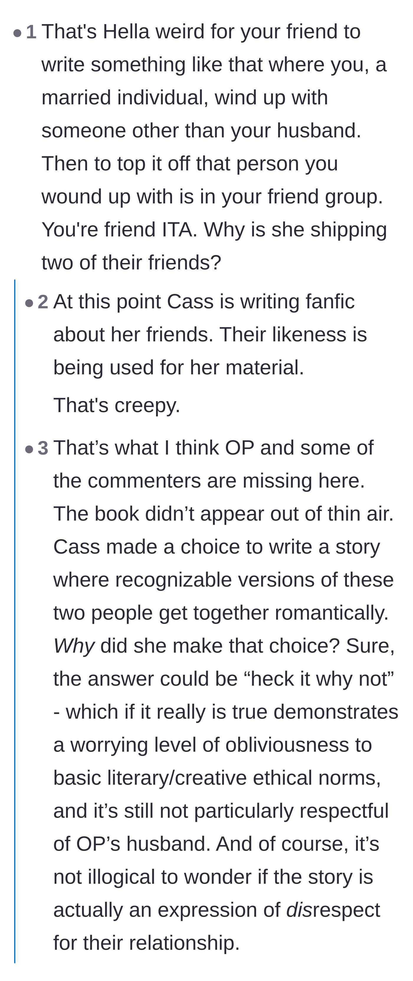 Comment thread 2 - A deep dive into how disrespectful it is to write an alternate romance for a married friend.