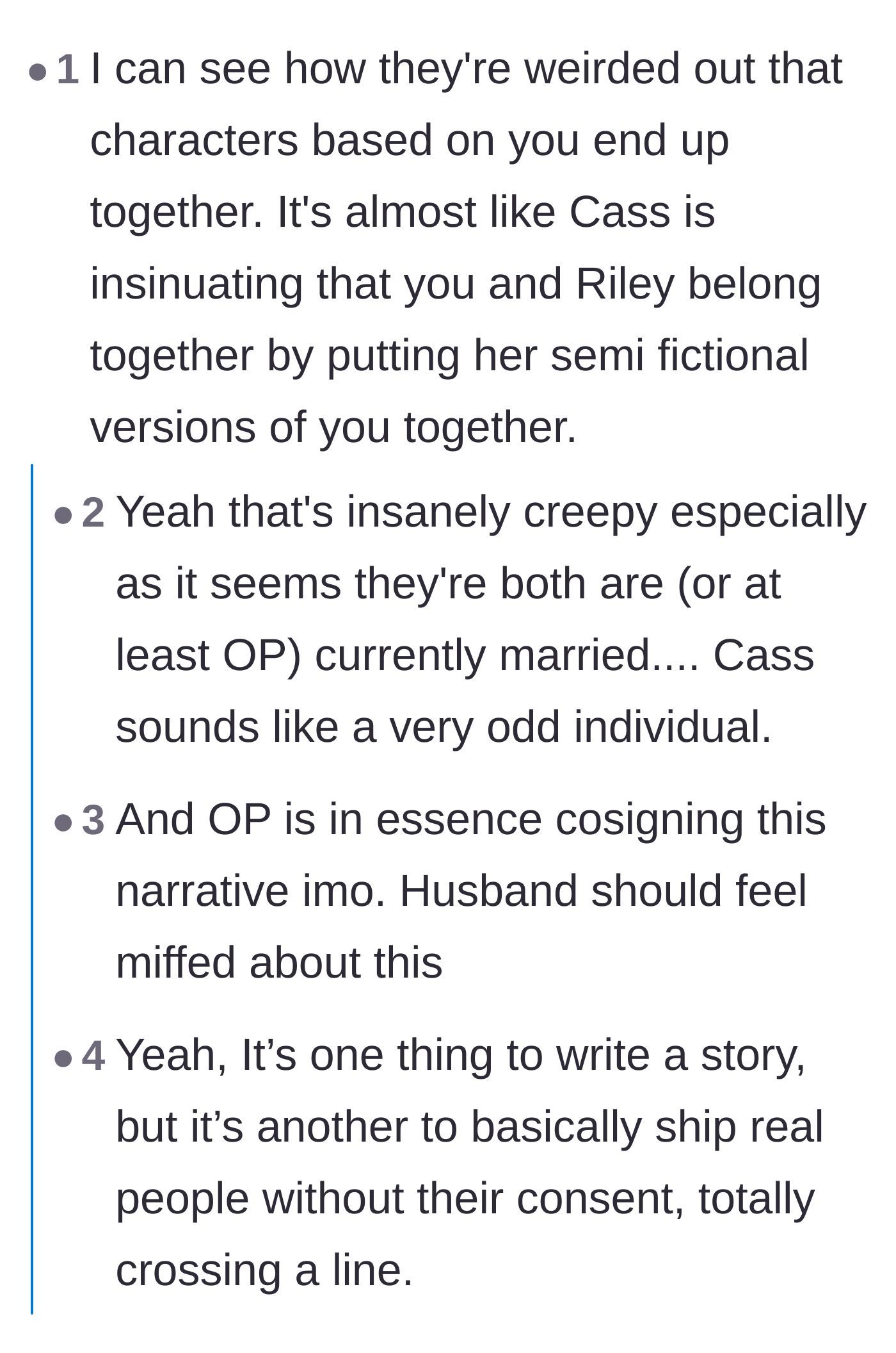 Comment thread 3 - Highlighting that the narrator's silence basically endorsed the author's inappropriate story.