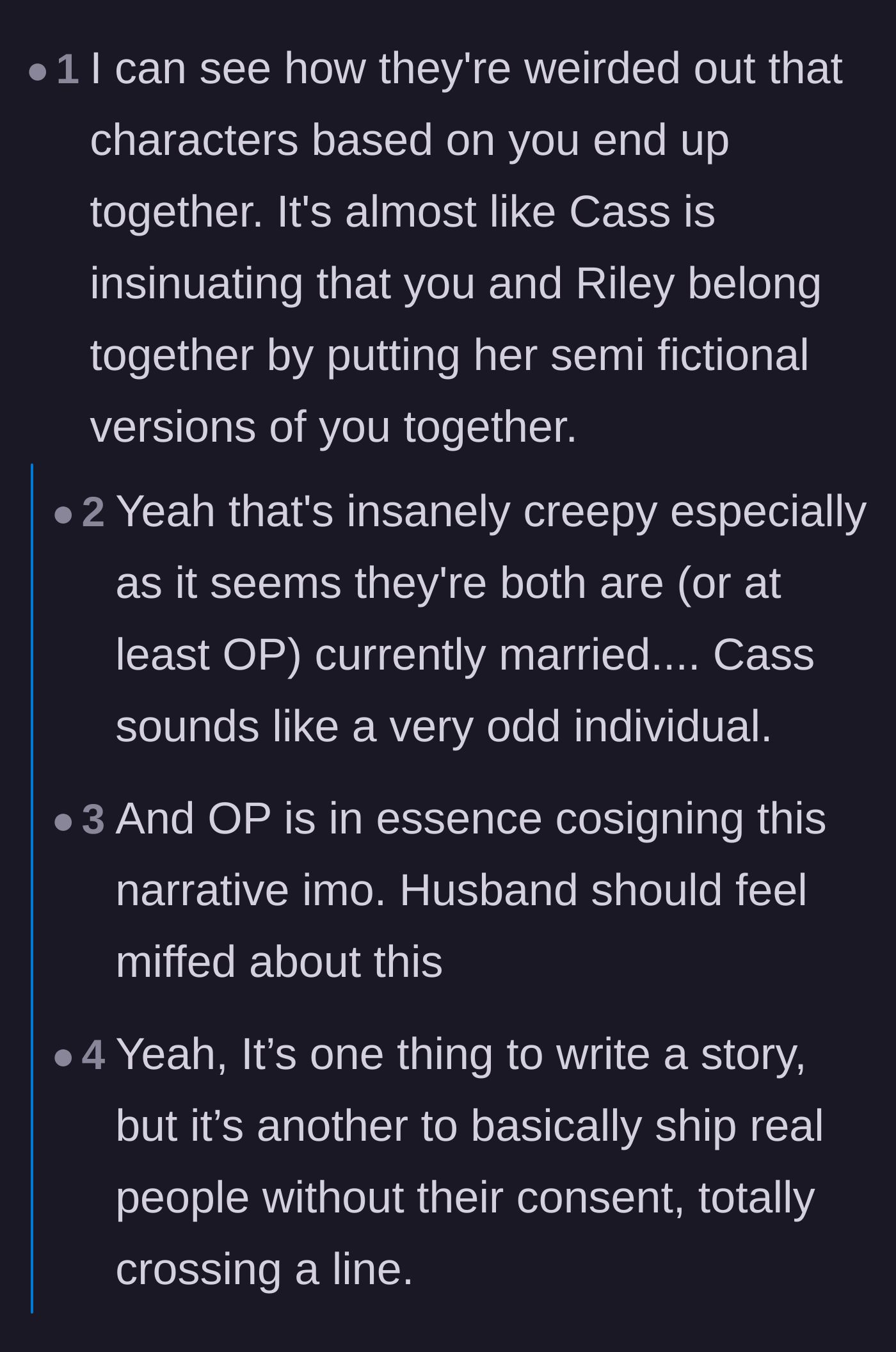 Comment thread 3 - Highlighting that the narrator's silence basically endorsed the author's inappropriate story.
