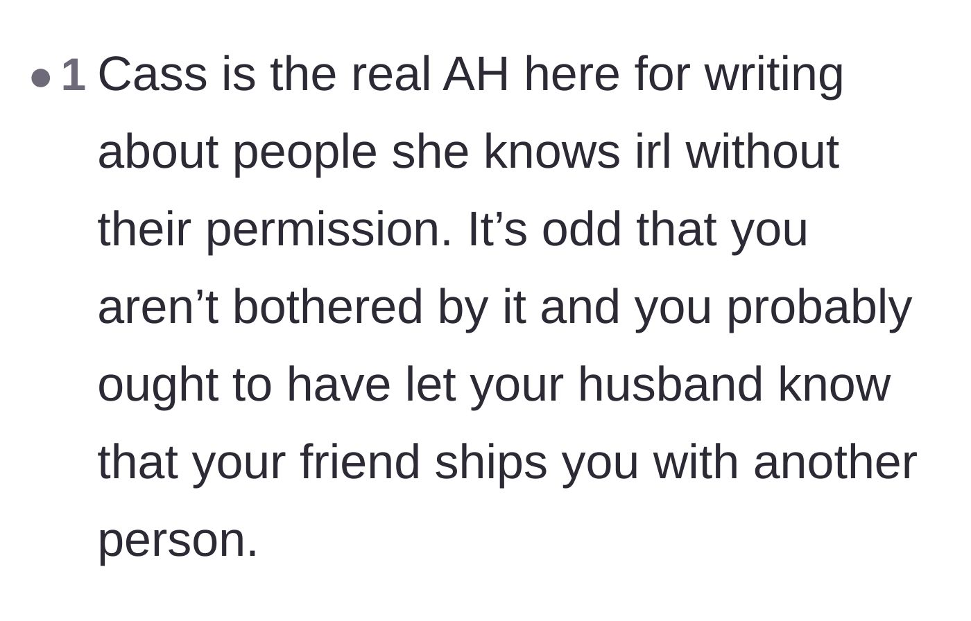 Comment thread 4 - Calling out the narrator for not warning her husband about the fictional romance.