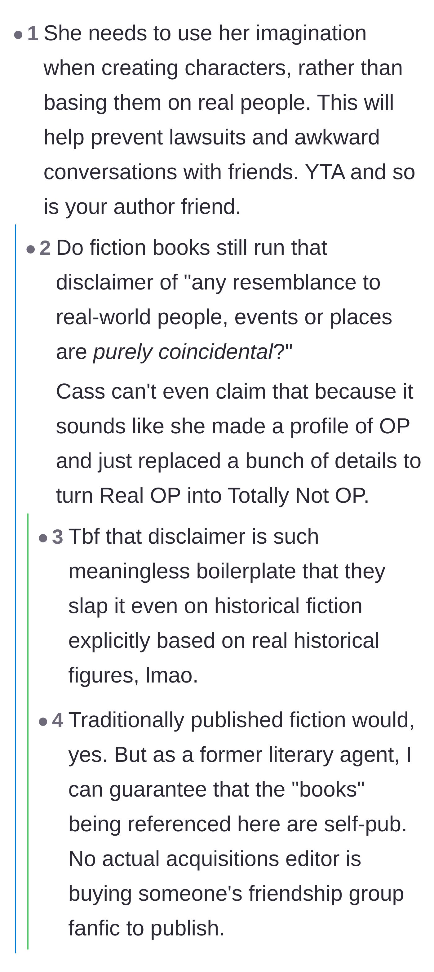 Comment thread 5 - A former literary agent explaining that professional publishers wouldn't touch this friend-group fanfic.