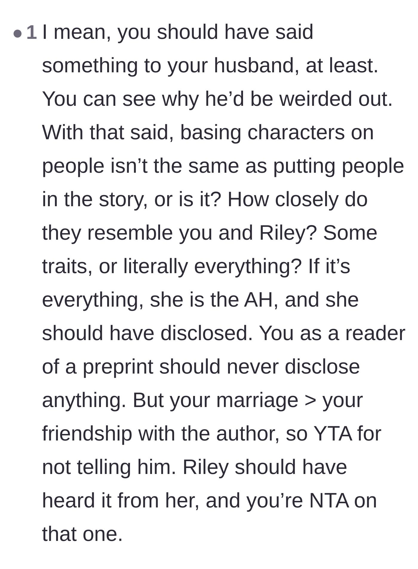 Comment thread 6 - Establishing that a partner's right to know always trumps a friend's secret draft.