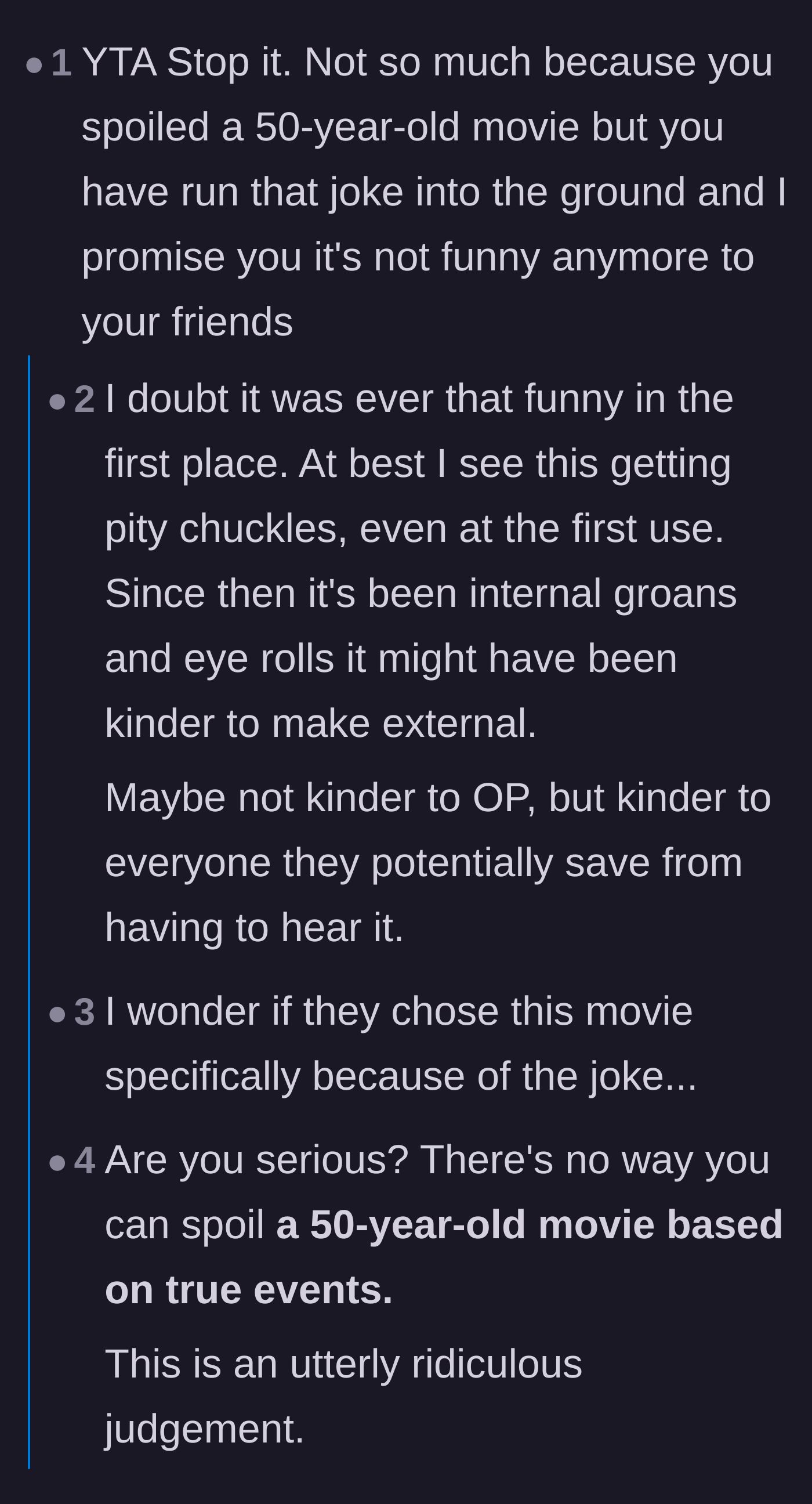 Comment thread 1 - Discussion about how the running joke was never funny to begin with and caused internal groans.