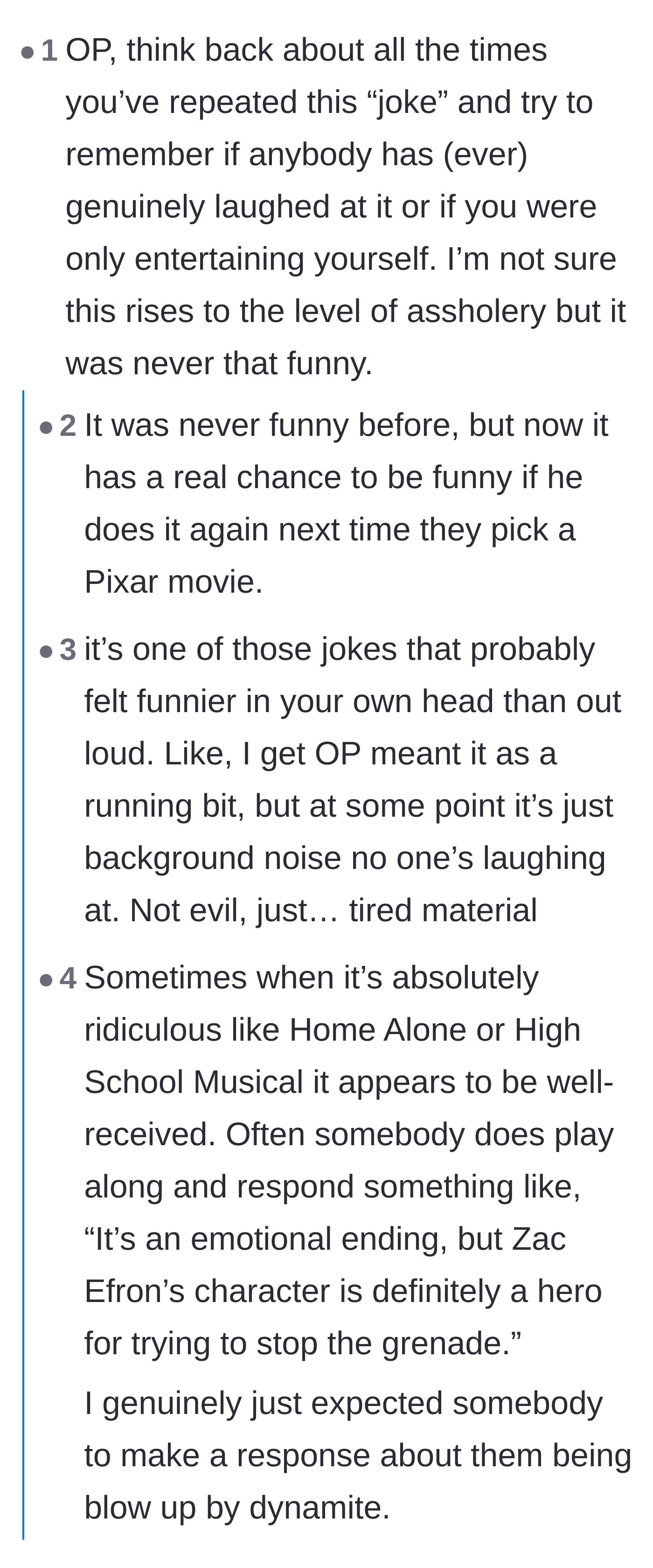 Comment thread 2 - Thread questioning if the main character's friends ever genuinely laughed at his joke or if he was just entertaining himself.