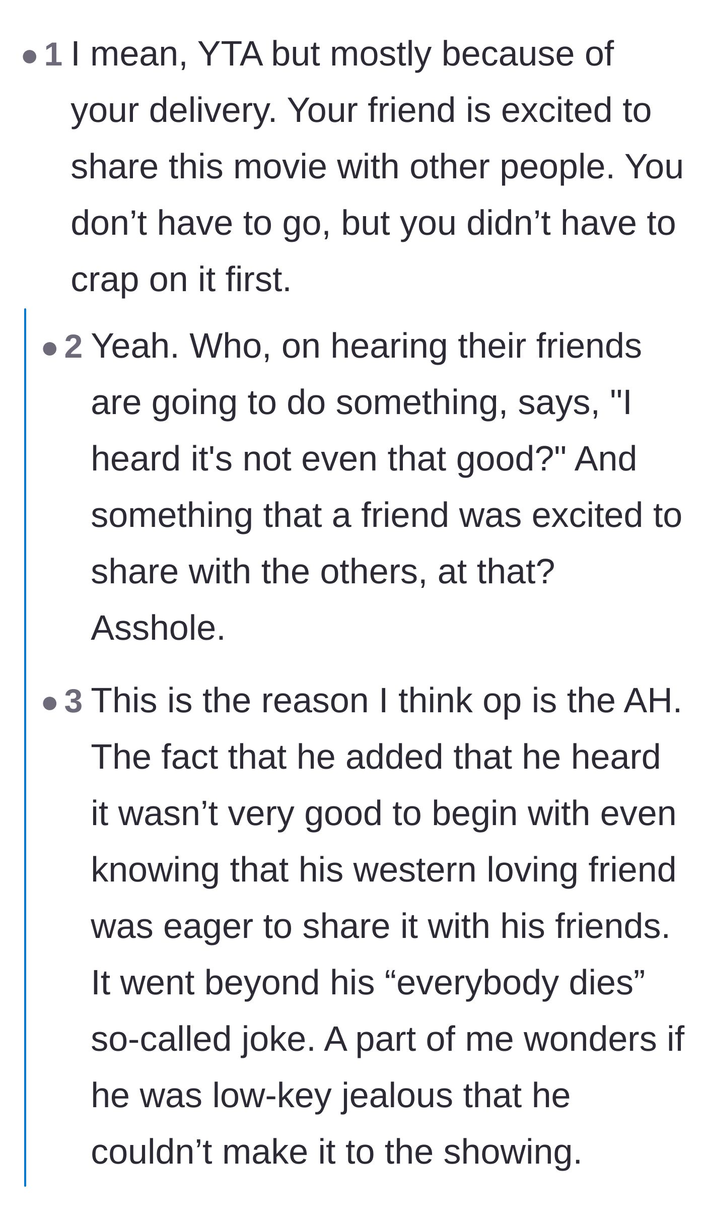 Comment thread 3 - Readers criticizing the main character for needlessly insulting a classic movie his friend was eager to share.