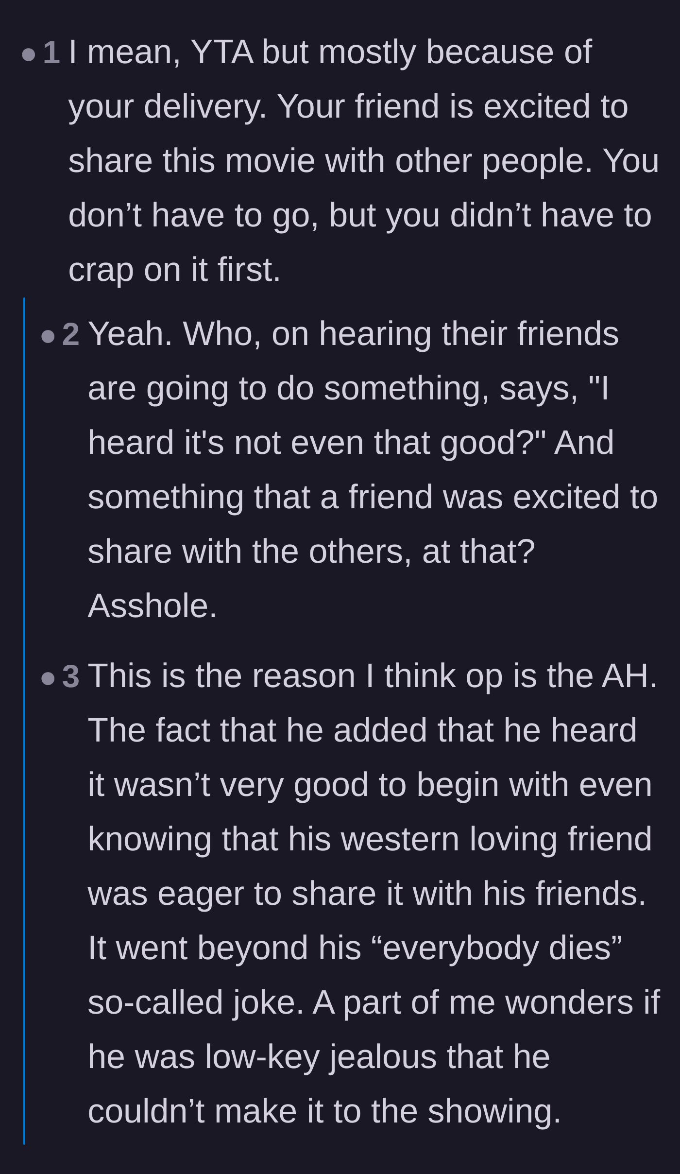 Comment thread 3 - Readers criticizing the main character for needlessly insulting a classic movie his friend was eager to share.