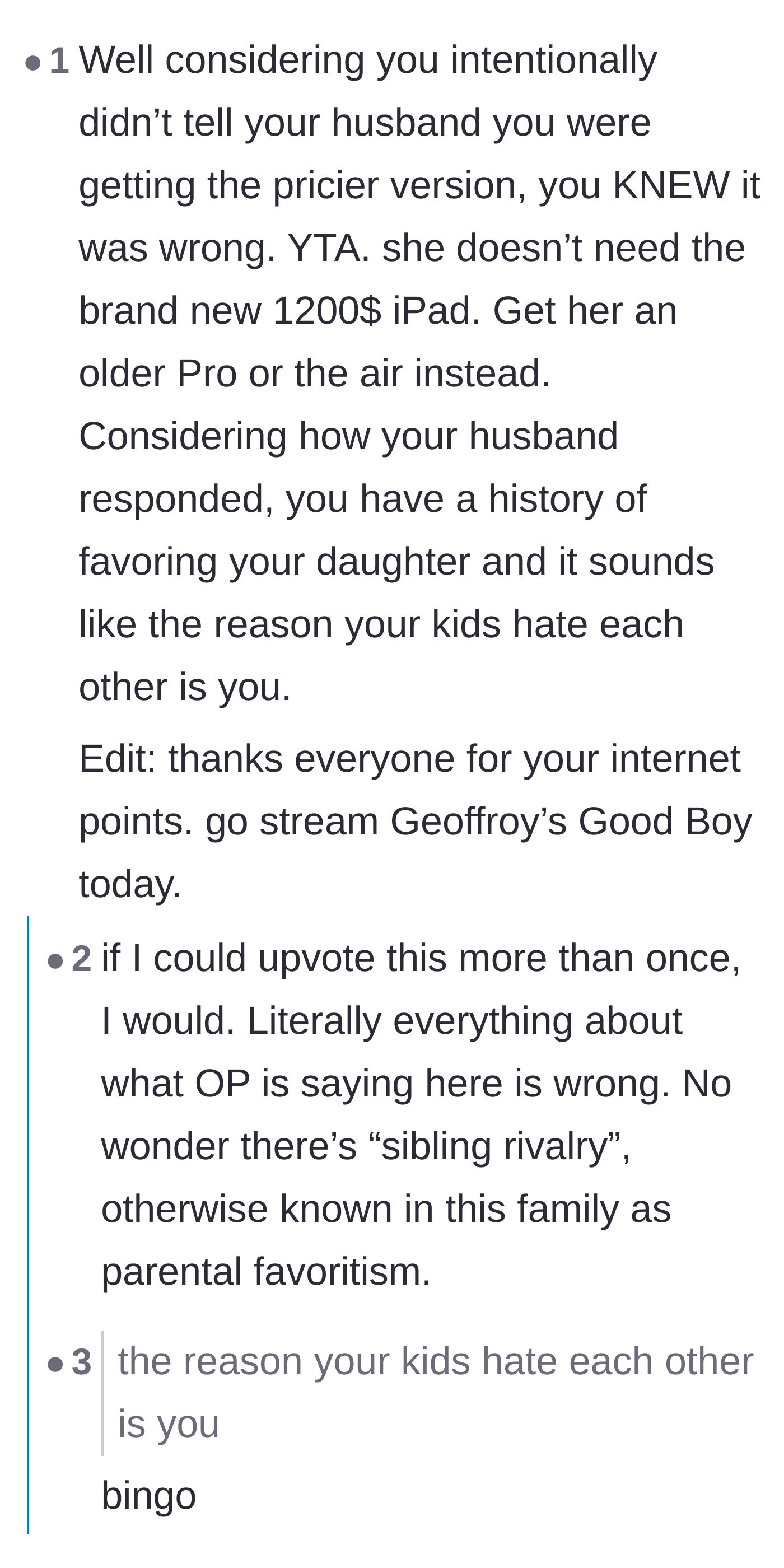 Comment thread 1 - Readers point out that hiding the purchase proves guilt and blame the mother for the kids' rivalry.