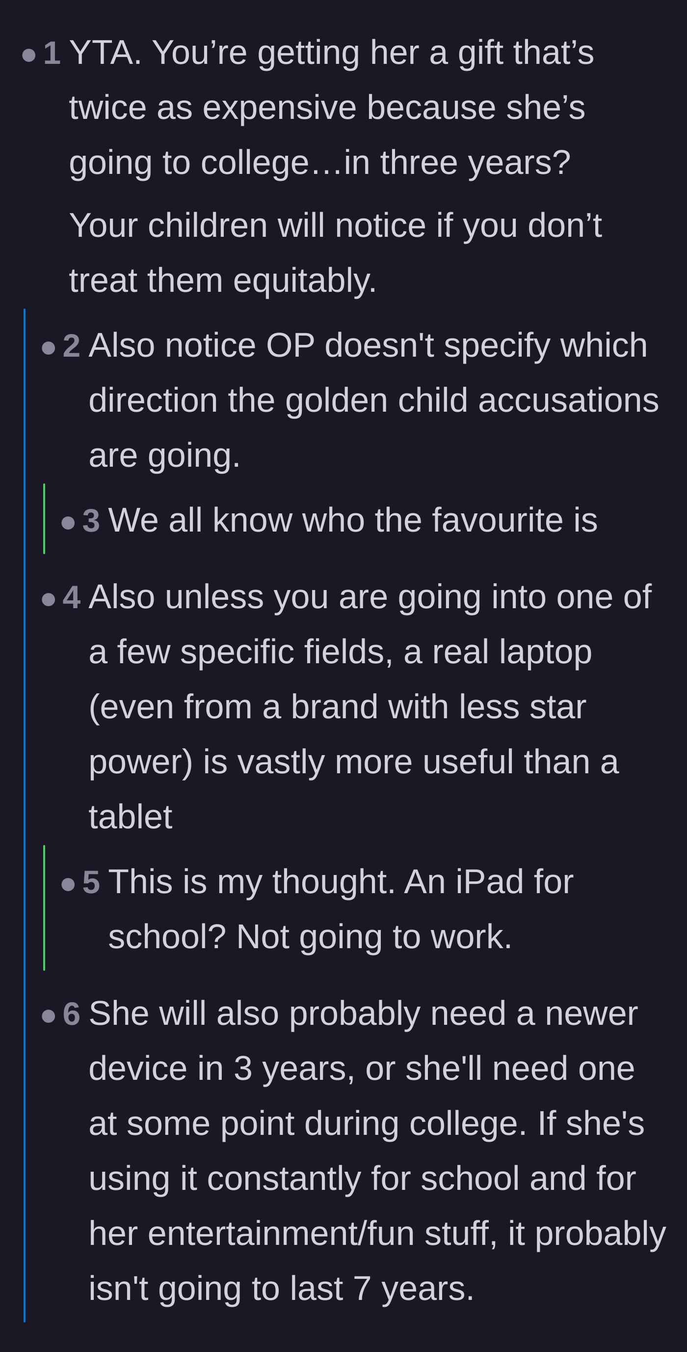 Comment thread 3 - Commenters notice the mother left out which child is calling the other the favorite, because it is so obvious.