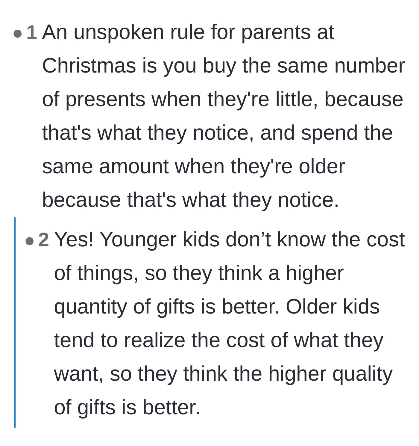 Comment thread 4 - An explanation of the unspoken parenting rule of keeping gift values perfectly equal for older teenagers.