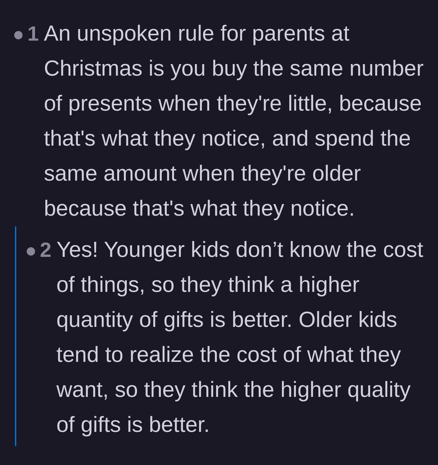 Comment thread 4 - An explanation of the unspoken parenting rule of keeping gift values perfectly equal for older teenagers.