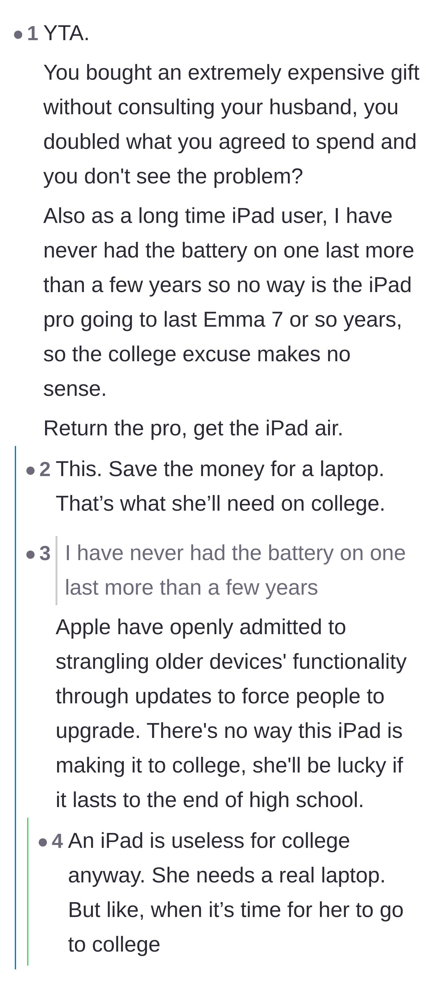 Comment thread 6 - Users call out the mother for betraying her husband's trust and point out that Apple batteries won't last until college anyway.