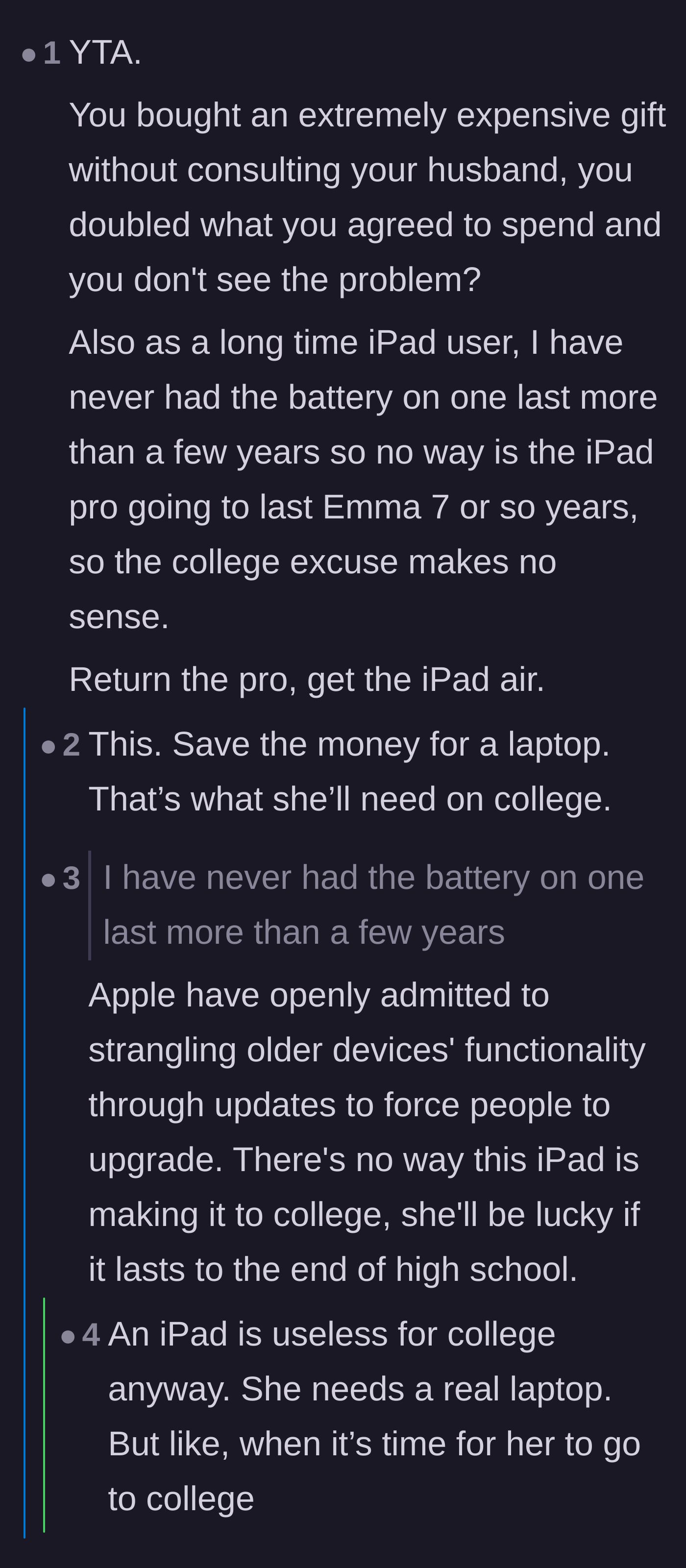 Comment thread 6 - Users call out the mother for betraying her husband's trust and point out that Apple batteries won't last until college anyway.