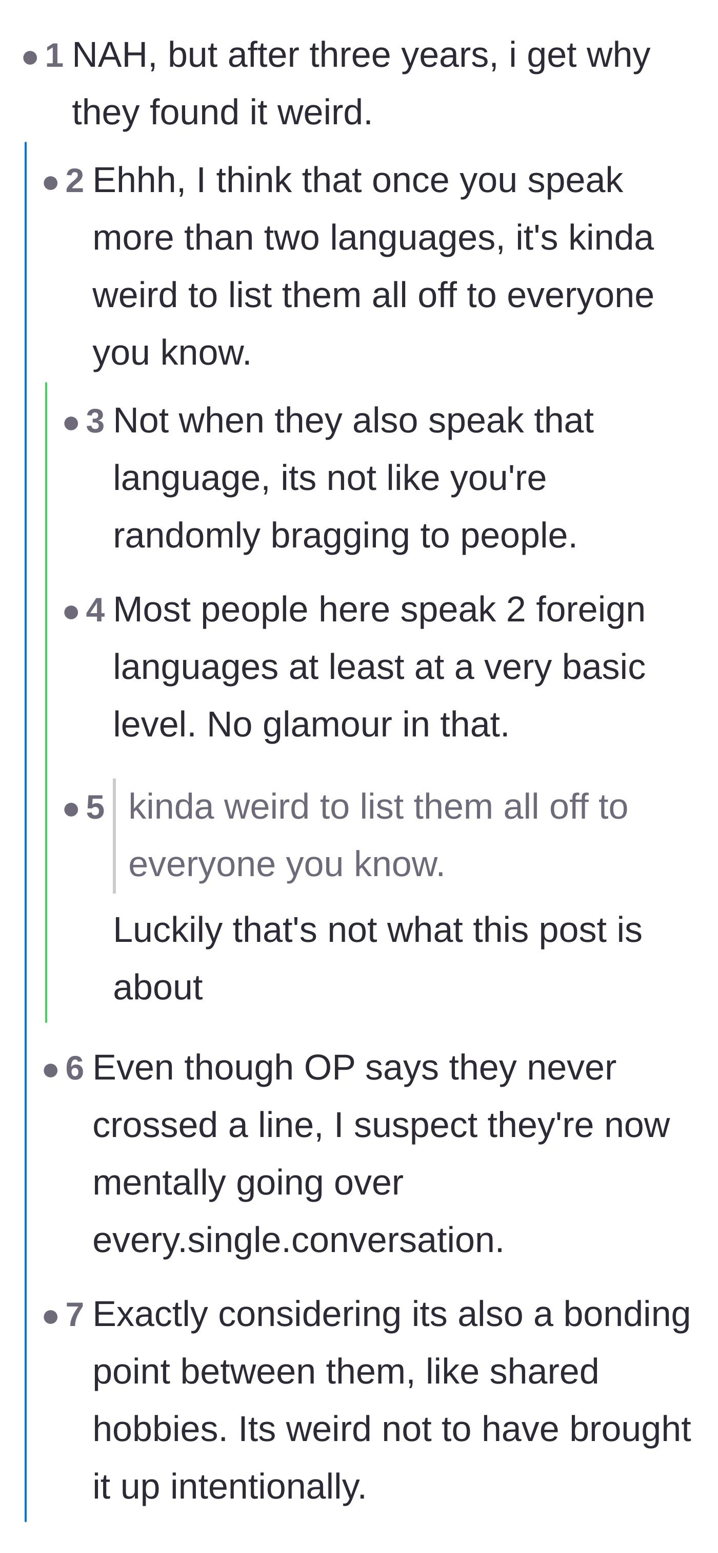 Comment thread 1 - A debate on whether hiding language skills is a cultural trait or just a missed bonding opportunity