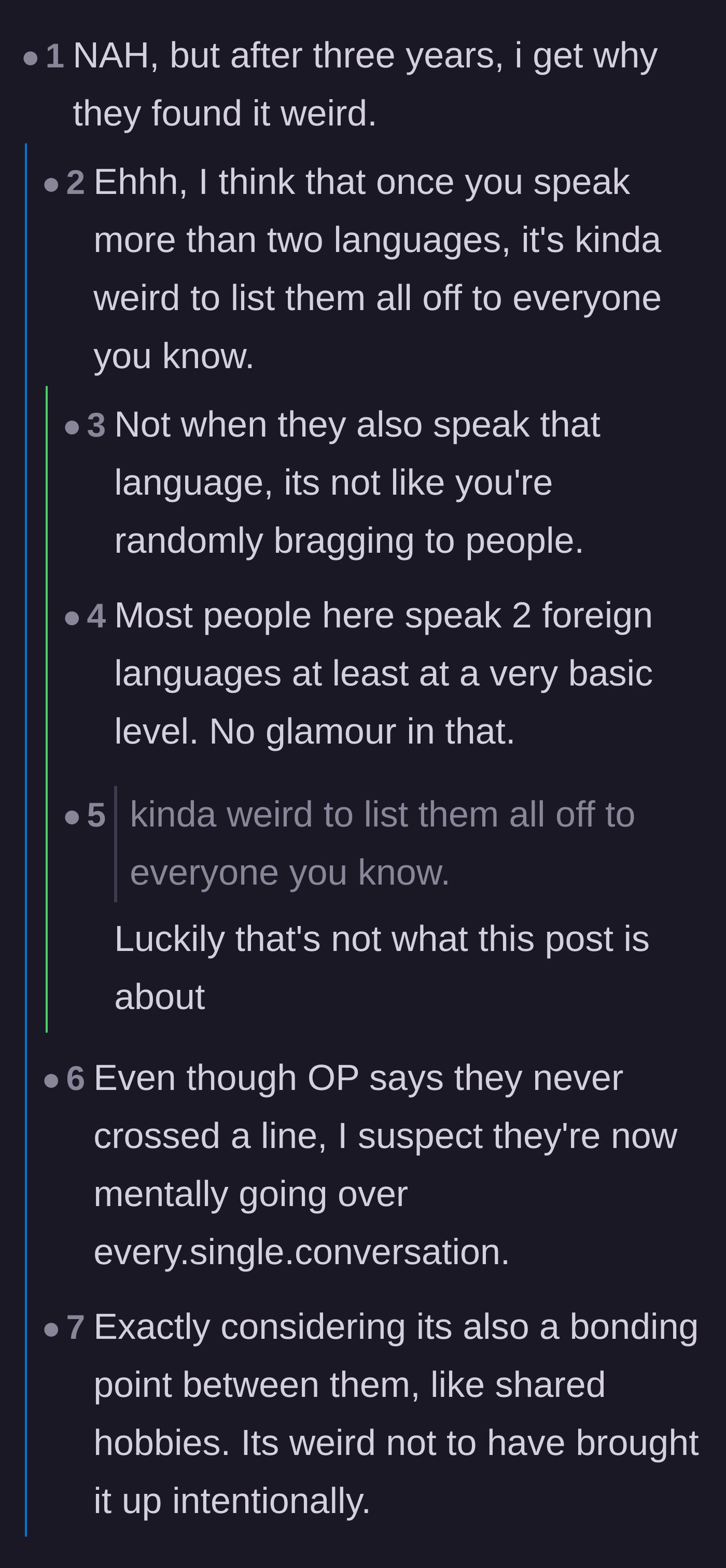 Comment thread 1 - A debate on whether hiding language skills is a cultural trait or just a missed bonding opportunity