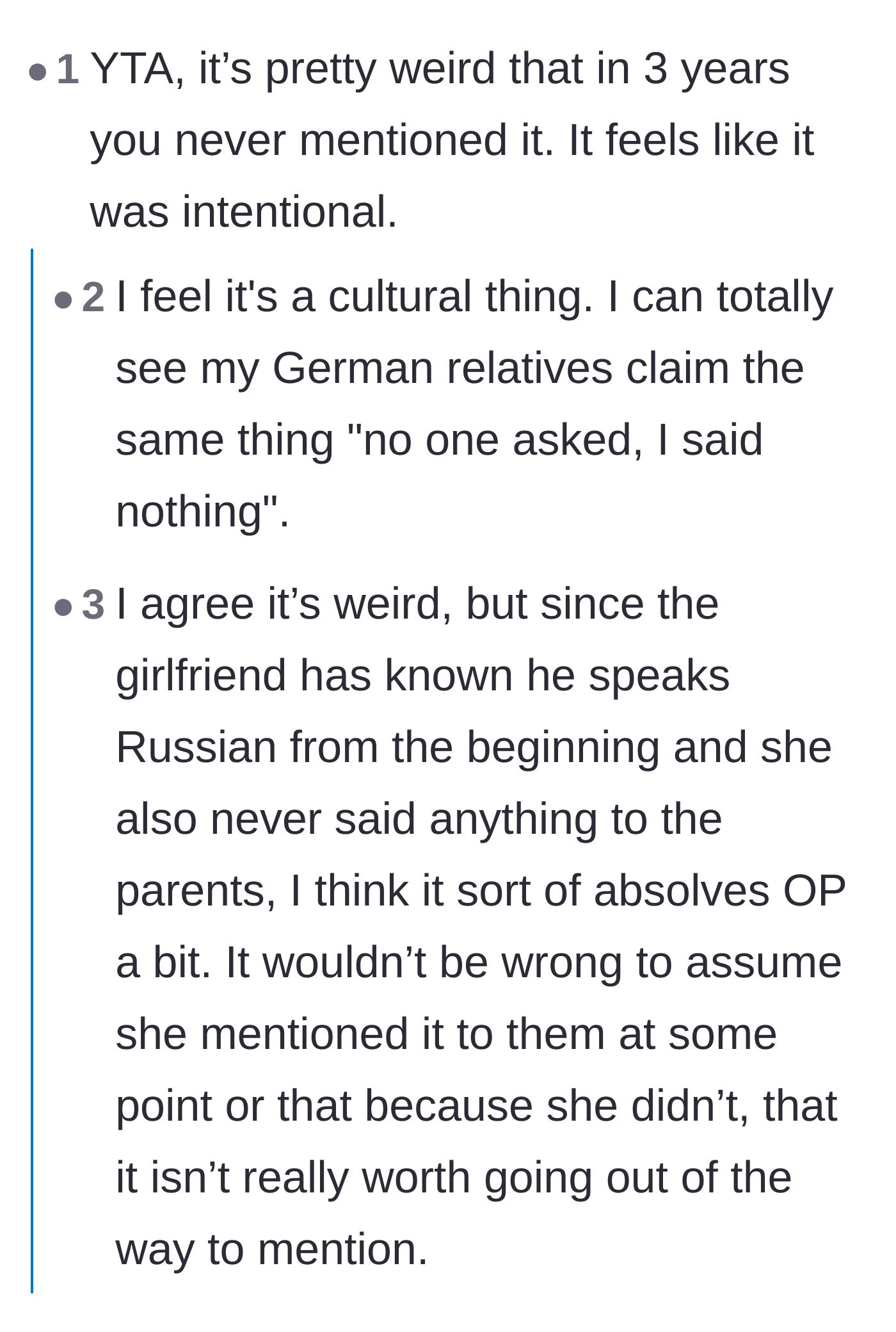 Comment thread 2 - Users calling out the boyfriend for intentionally hiding his fluency instead of using it to connect