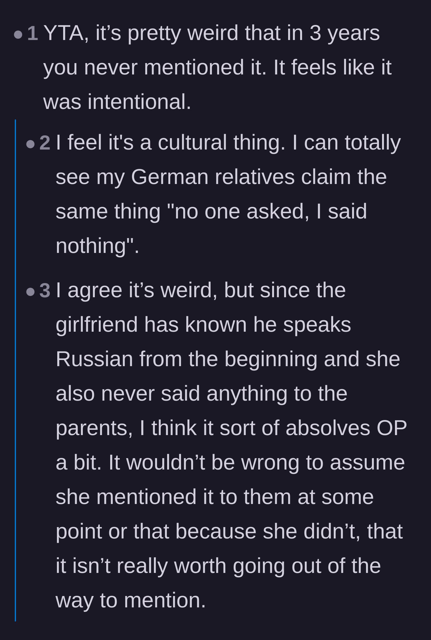 Comment thread 2 - Users calling out the boyfriend for intentionally hiding his fluency instead of using it to connect