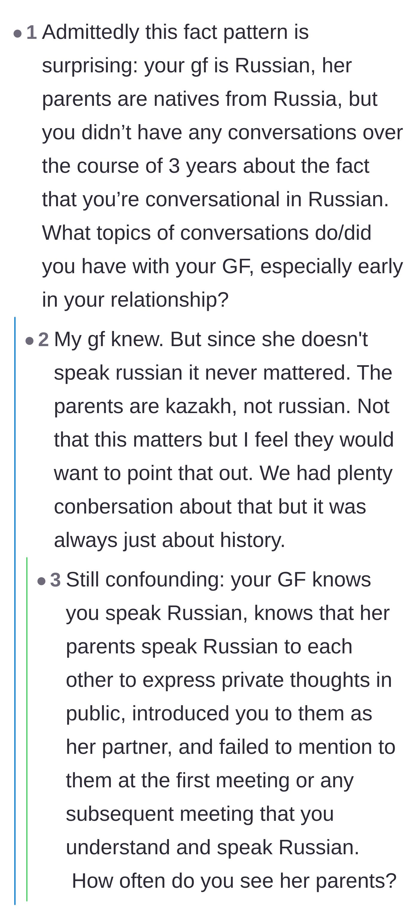 Comment thread 3 - Questioning why the girlfriend never mentioned his Russian skills to her parents if she knew since their first date