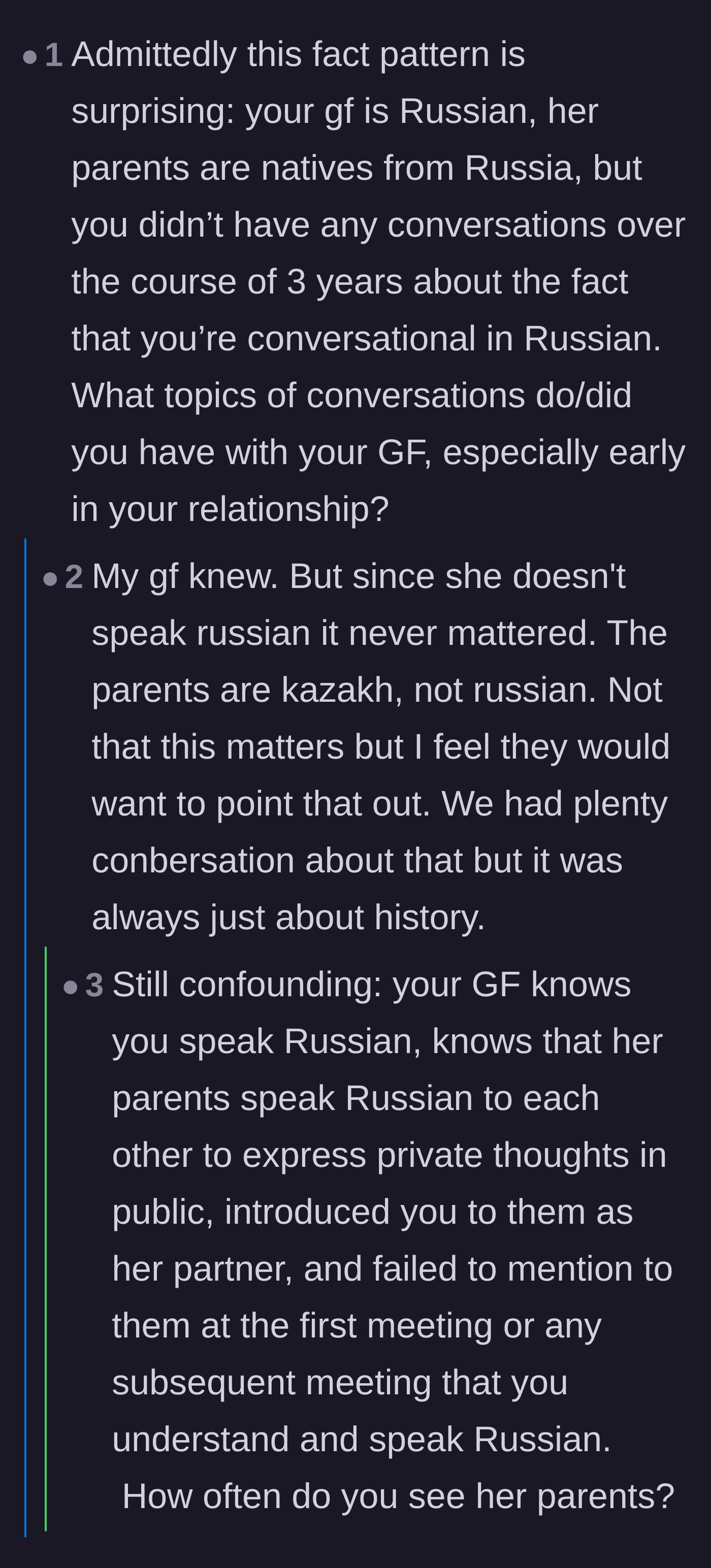 Comment thread 3 - Questioning why the girlfriend never mentioned his Russian skills to her parents if she knew since their first date