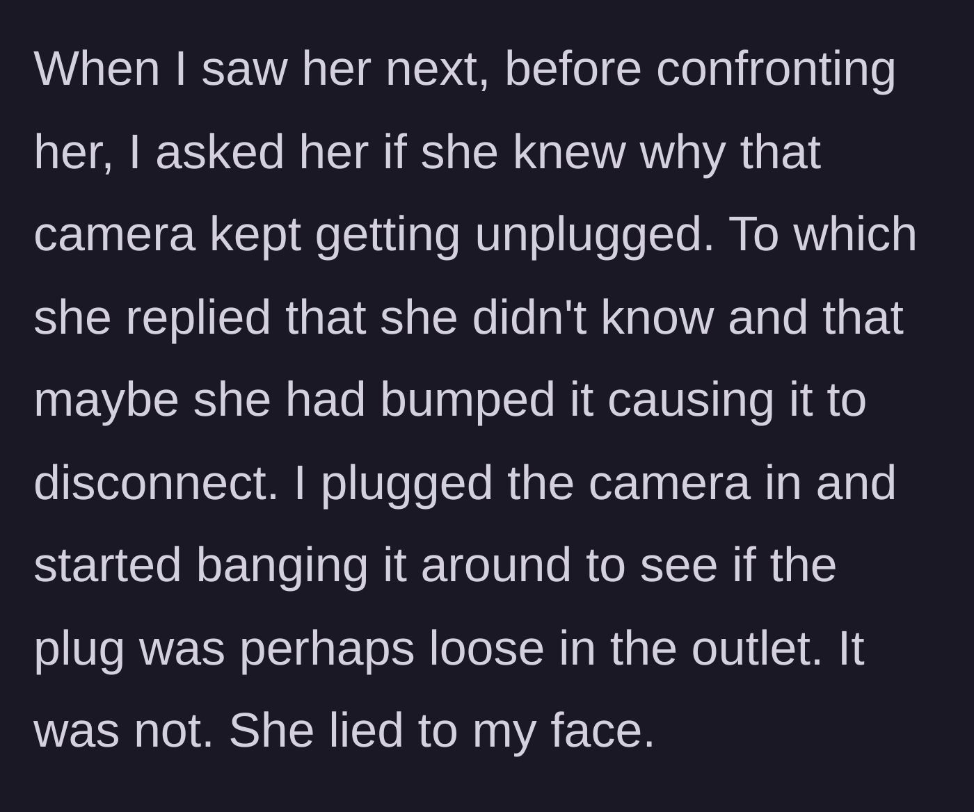 Story part 6 - A woman testing an outlet by shaking a plugged-in camera while her partner watches.