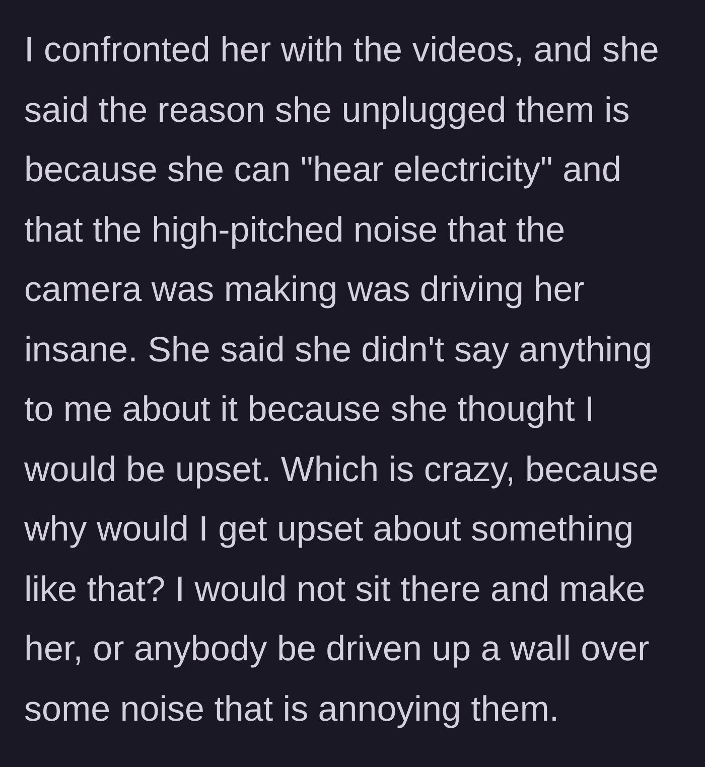 Story part 7 - An argument where a woman claims a high-pitched electrical noise is bothering her ears.
