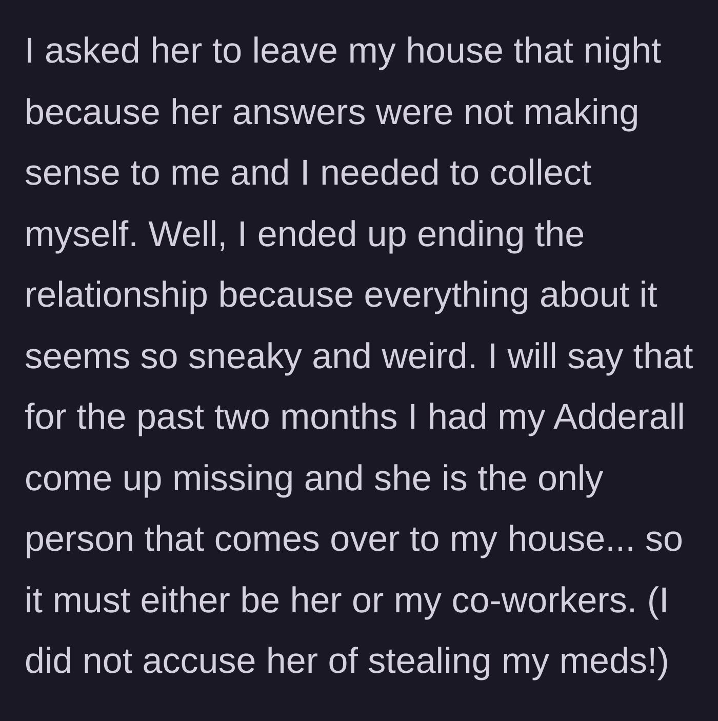 Story part 8 - A woman asking her partner to leave the apartment, with a bottle of prescription medication visible in the background.