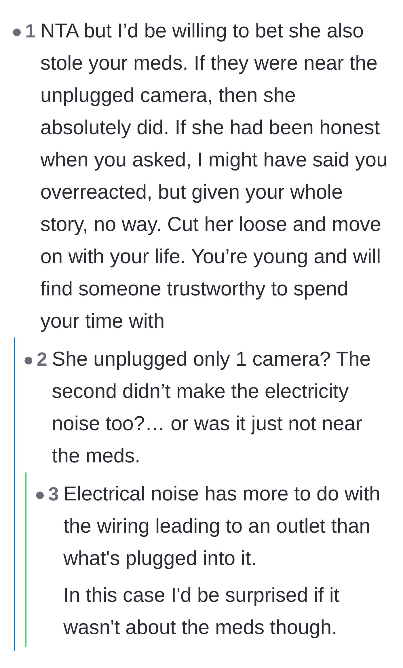 Comment thread 1 - A discussion connecting the unplugged cameras directly to the missing prescription medication.