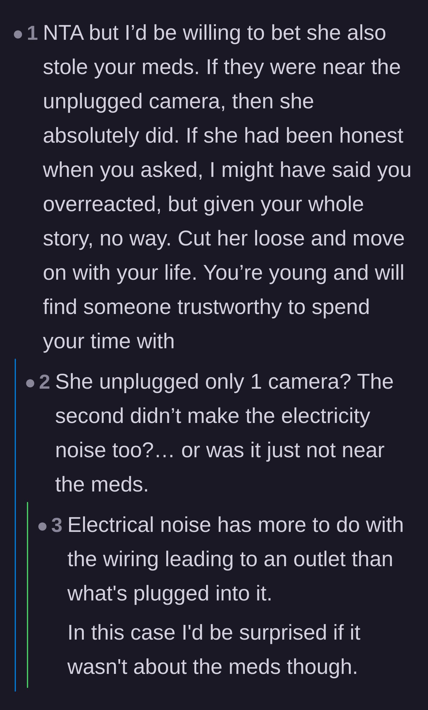 Comment thread 1 - A discussion connecting the unplugged cameras directly to the missing prescription medication.