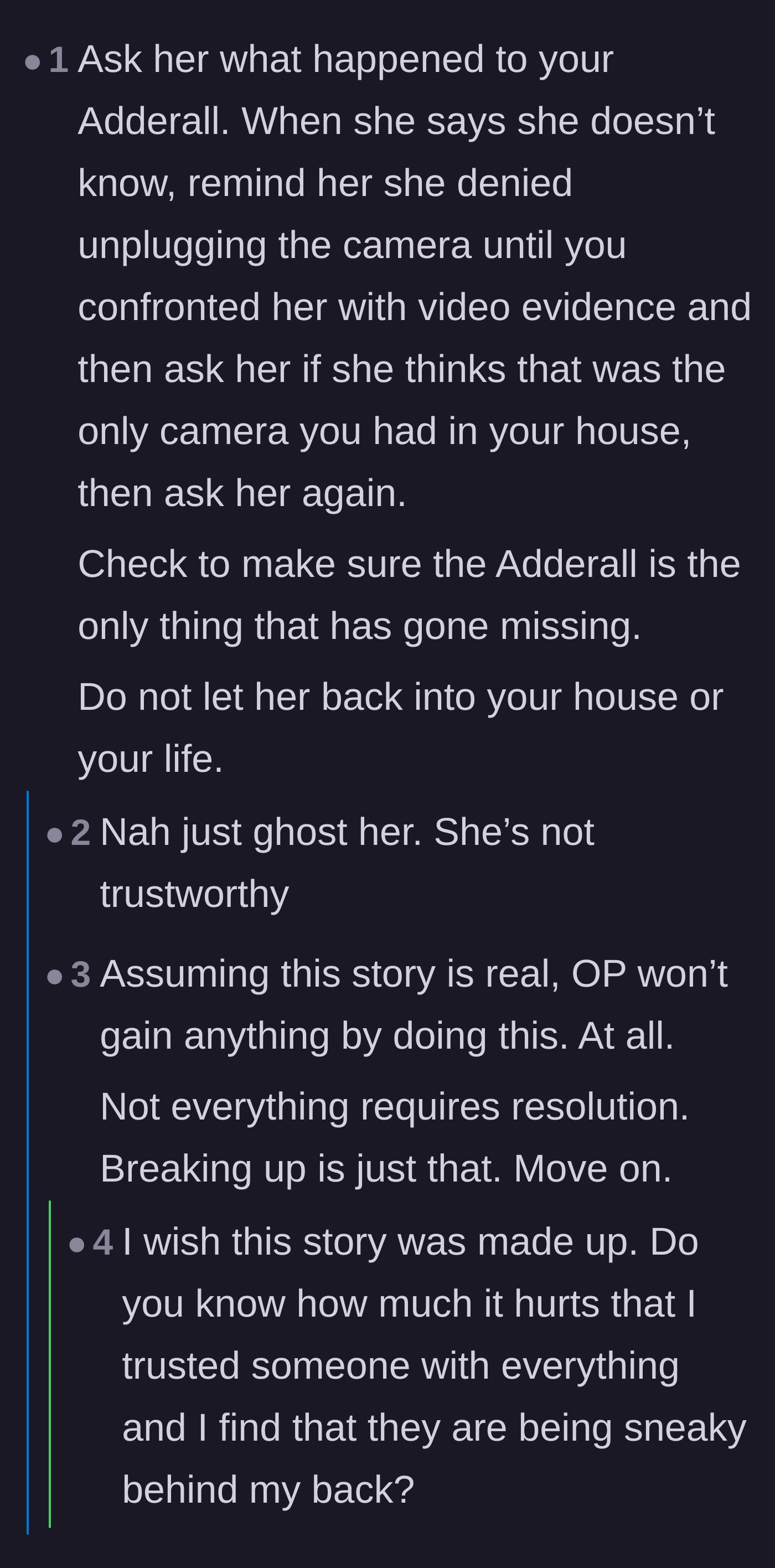 Comment thread 3 - Advice on bluffing the ex to force a confession, alongside the main character's heartbreaking response.