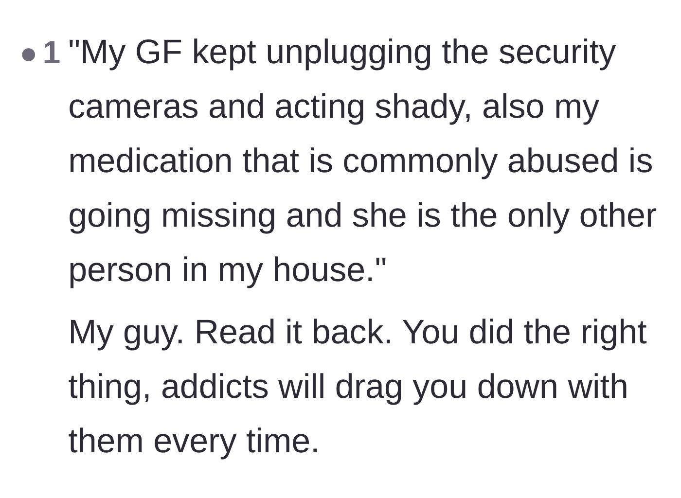 Comment thread 6 - A blunt summary of the situation, validating the main character's decision to end things immediately.