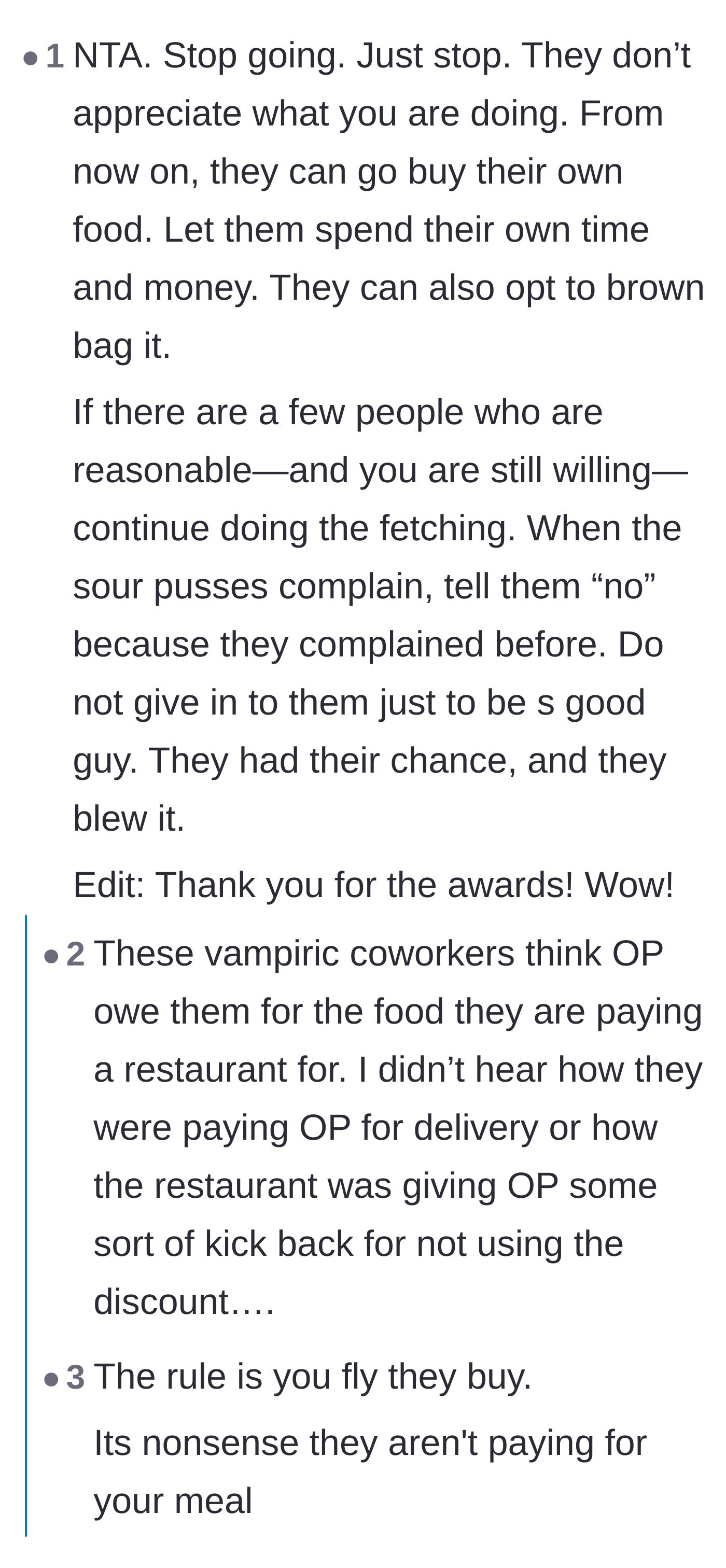 Comment thread 1 - A thread advising the poster to immediately stop fetching lunch and let coworkers deal with actual delivery fees and logistics.