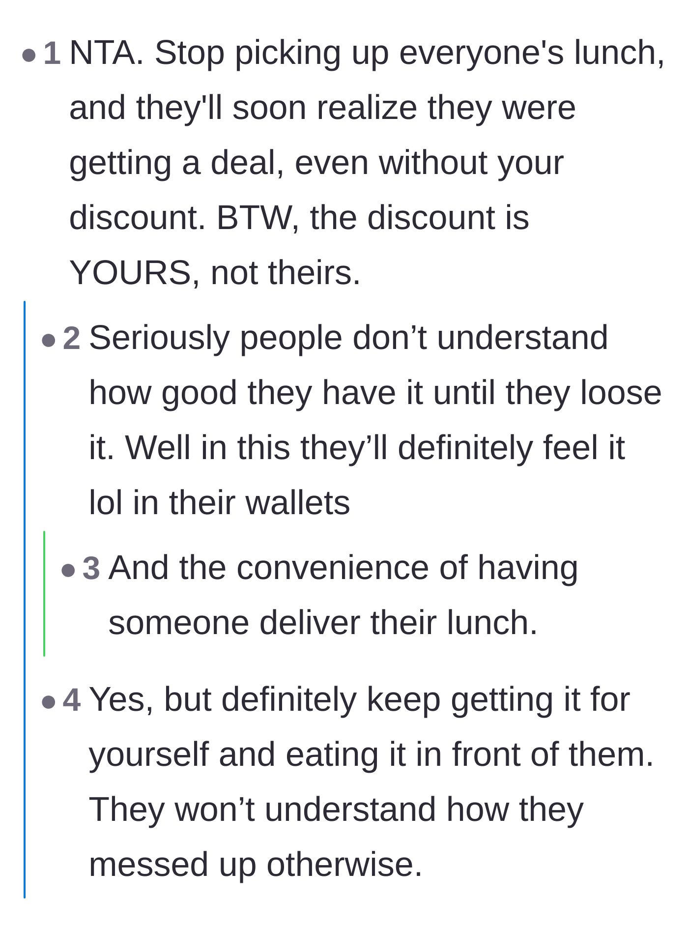 Comment thread 2 - Comments suggesting the poster stop delivering for the team but continue picking up his own food to eat in front of them.