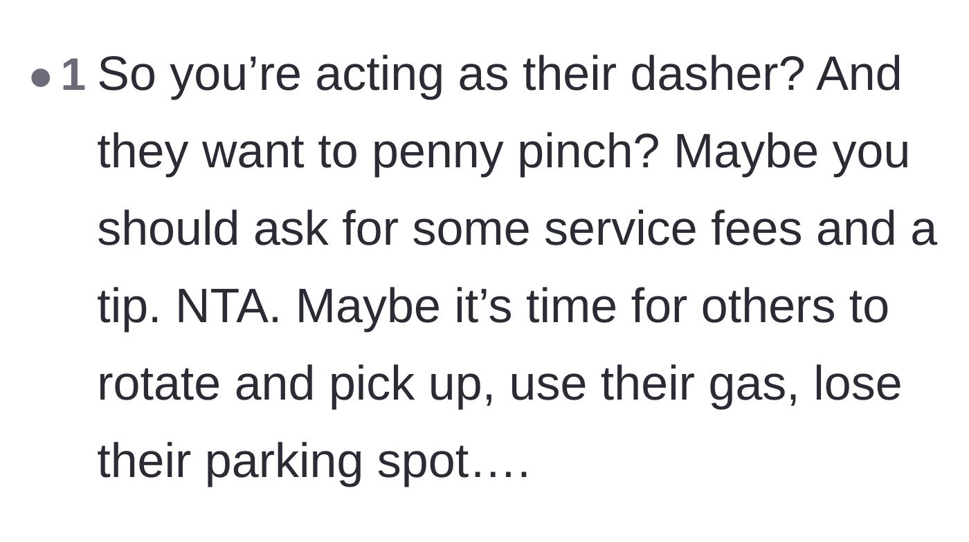 Comment thread 3 - A commenter pointing out the poster is acting as an unpaid delivery driver and should start charging service fees.