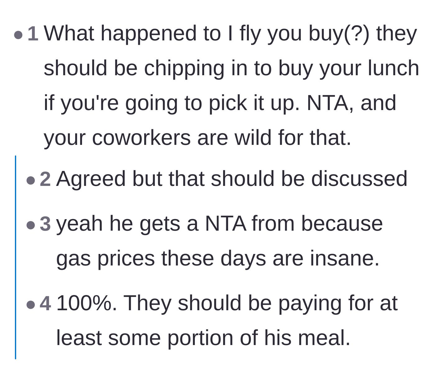 Comment thread 5 - Commenters discussing the 'I fly, you buy' rule and arguing the team should actually be pooling money to pay for his lunch.